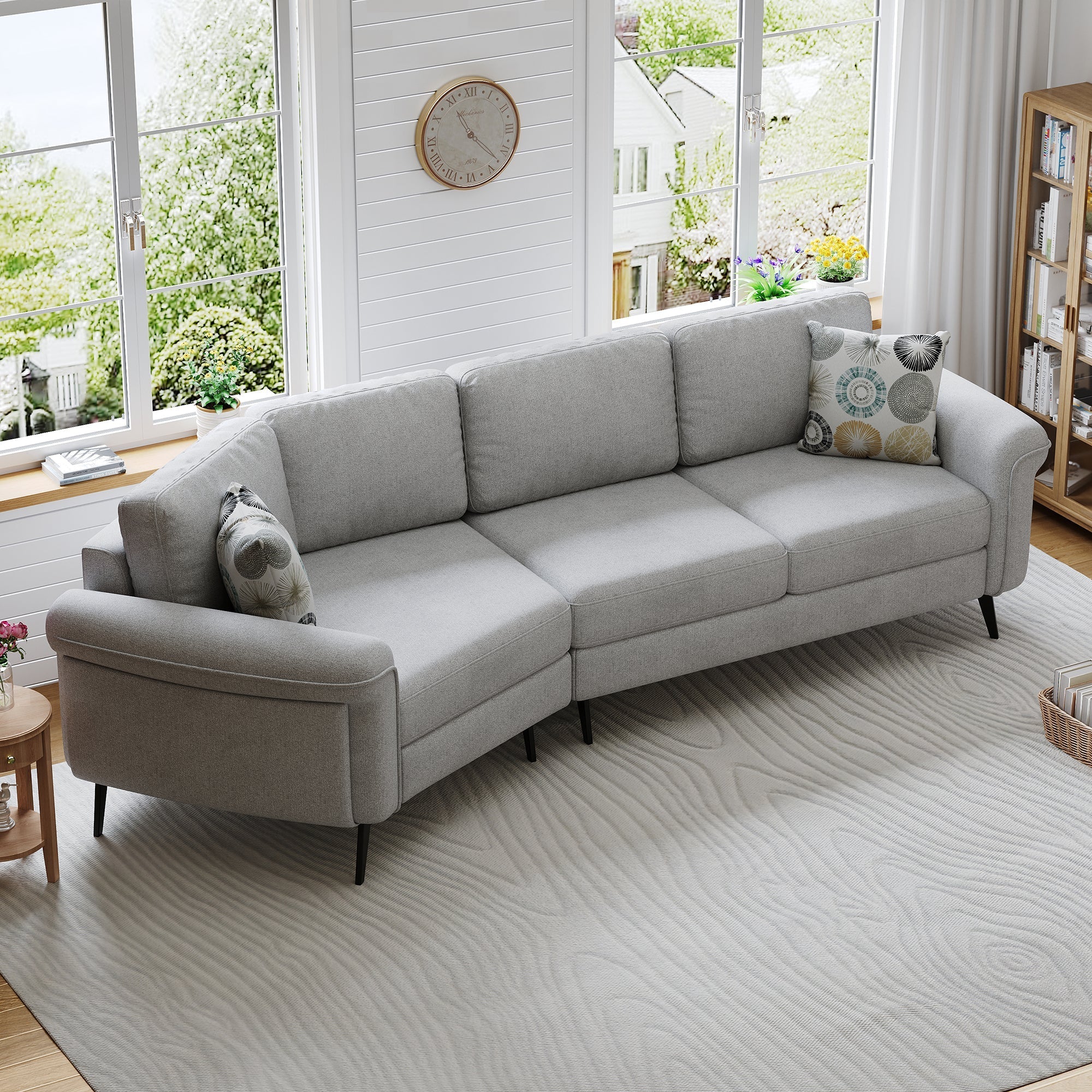 111" Upholstered 3-Seater Sofa with Curved Design and Two Printed Pillows - Image 9