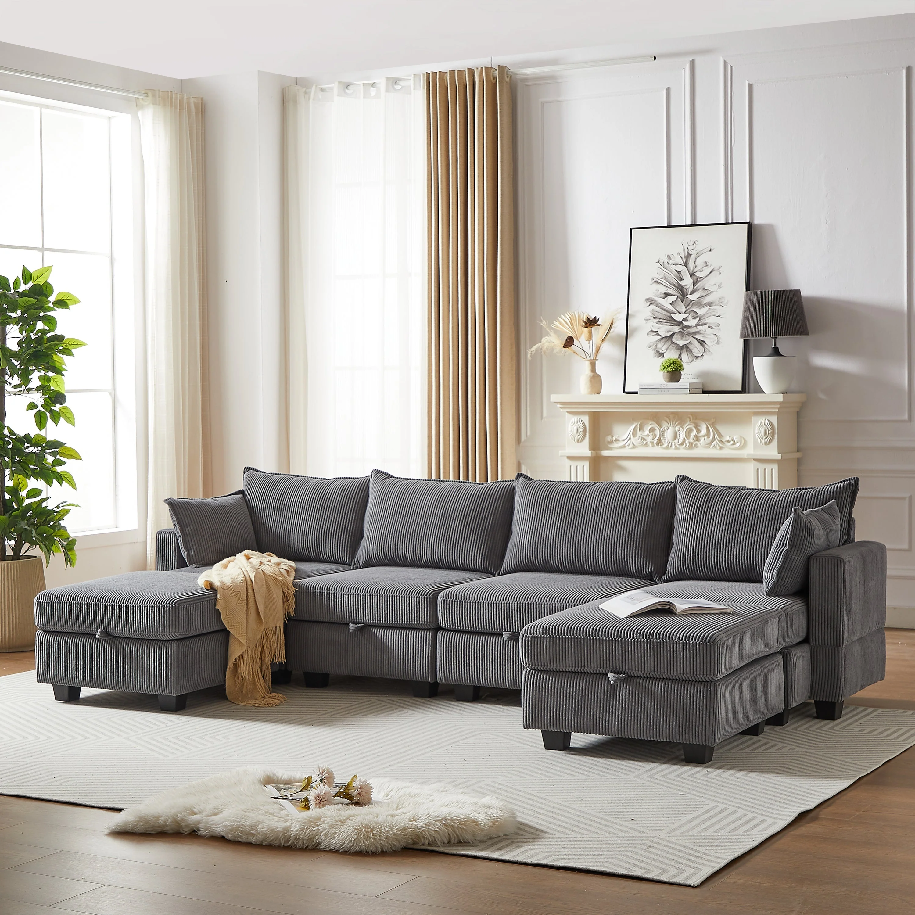 113.5'' Modular Sectional Corduroy Sofa with Storage Ottoman - Image 10