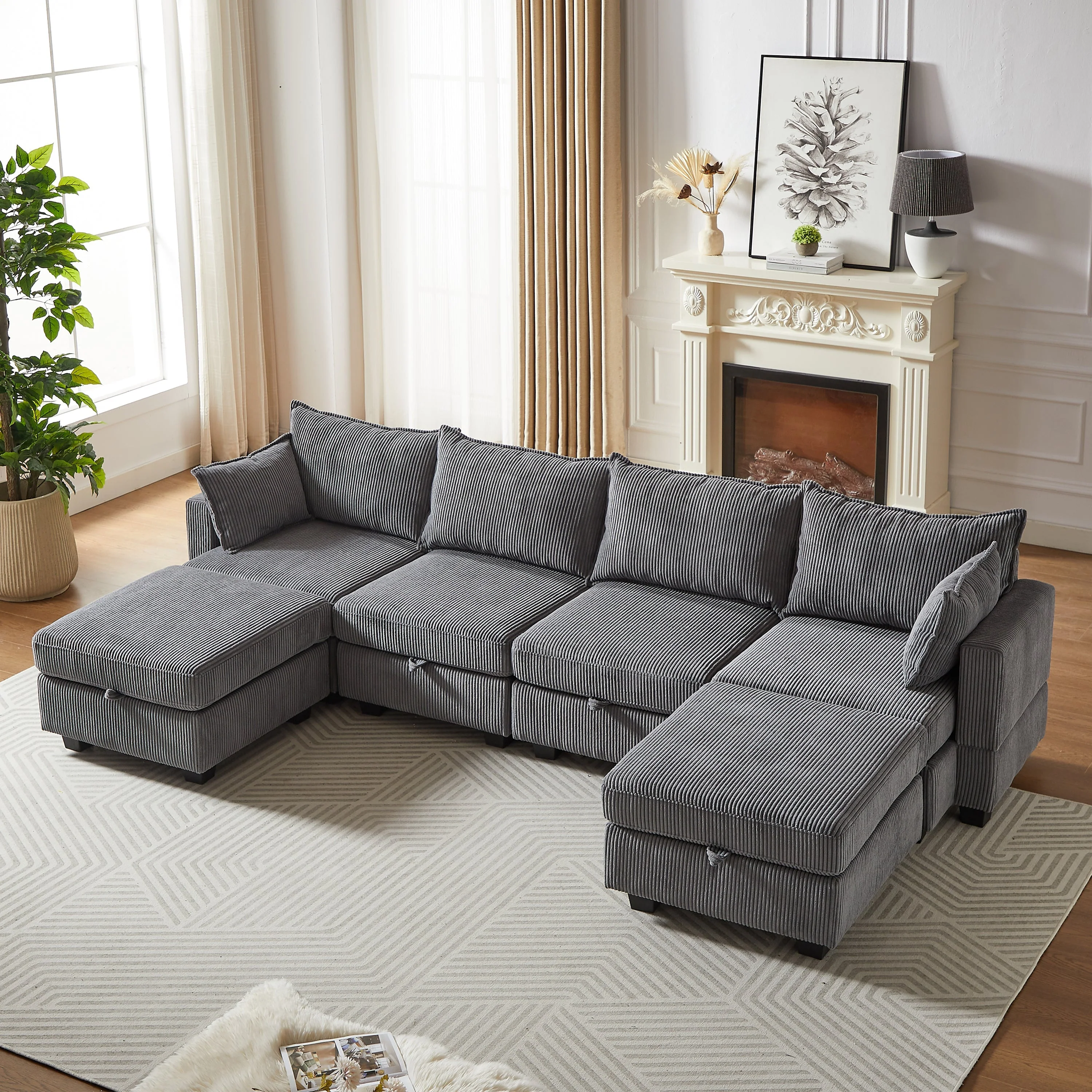 113.5'' Modular Sectional Corduroy Sofa with Storage Ottoman - Image 12