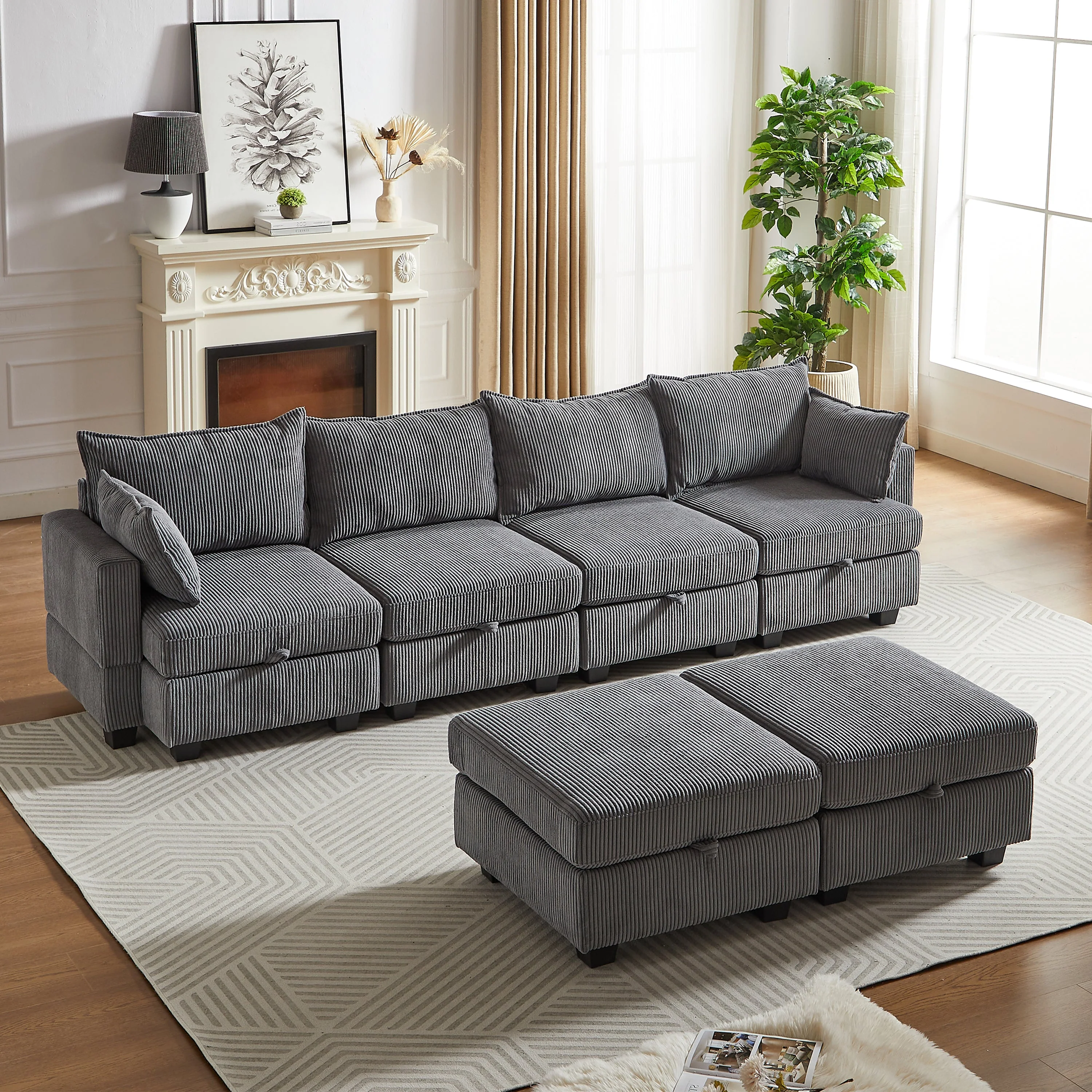 113.5'' Modular Sectional Corduroy Sofa with Storage Ottoman - Image 15