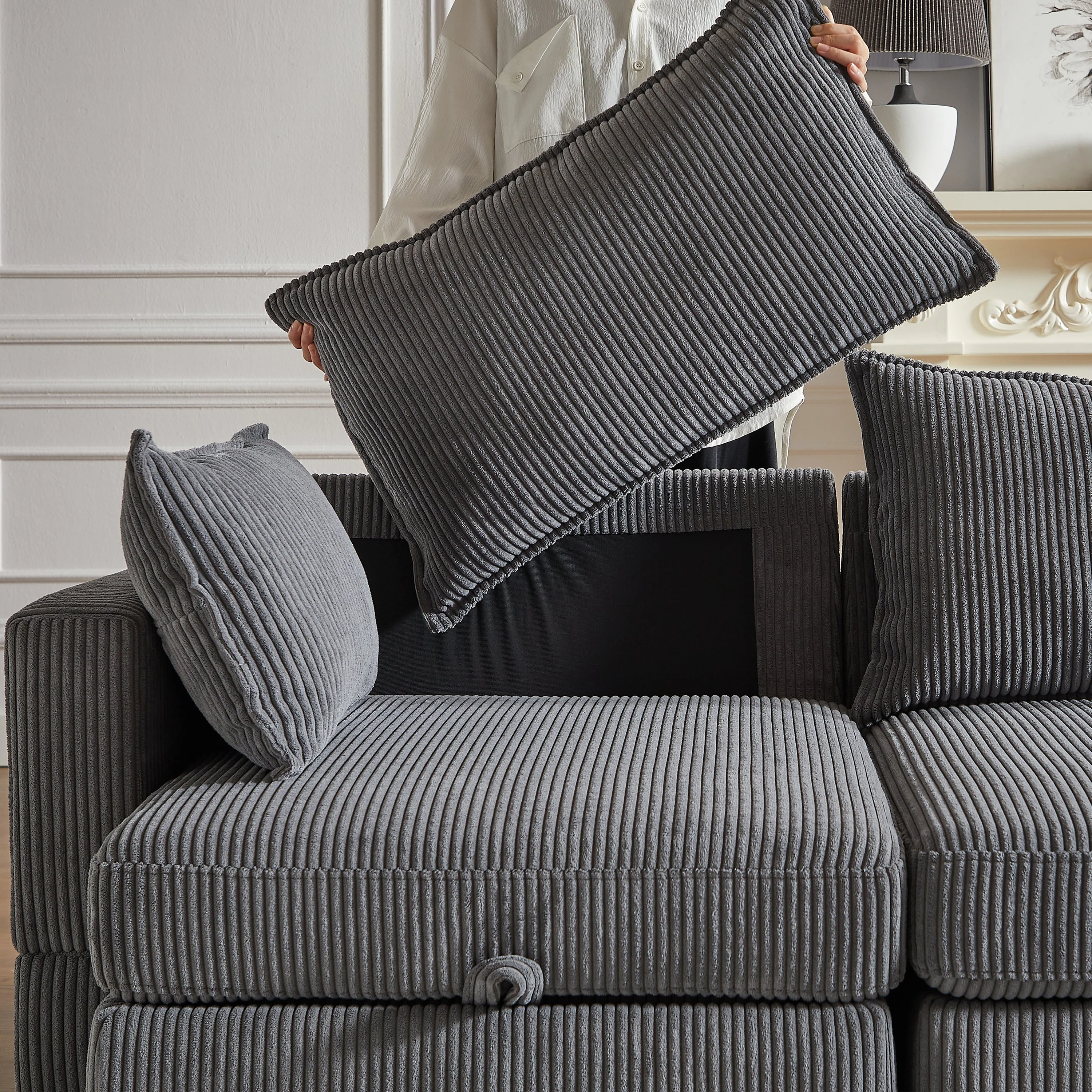 113.5'' Modular Sectional Corduroy Sofa with Storage Ottoman - Image 16