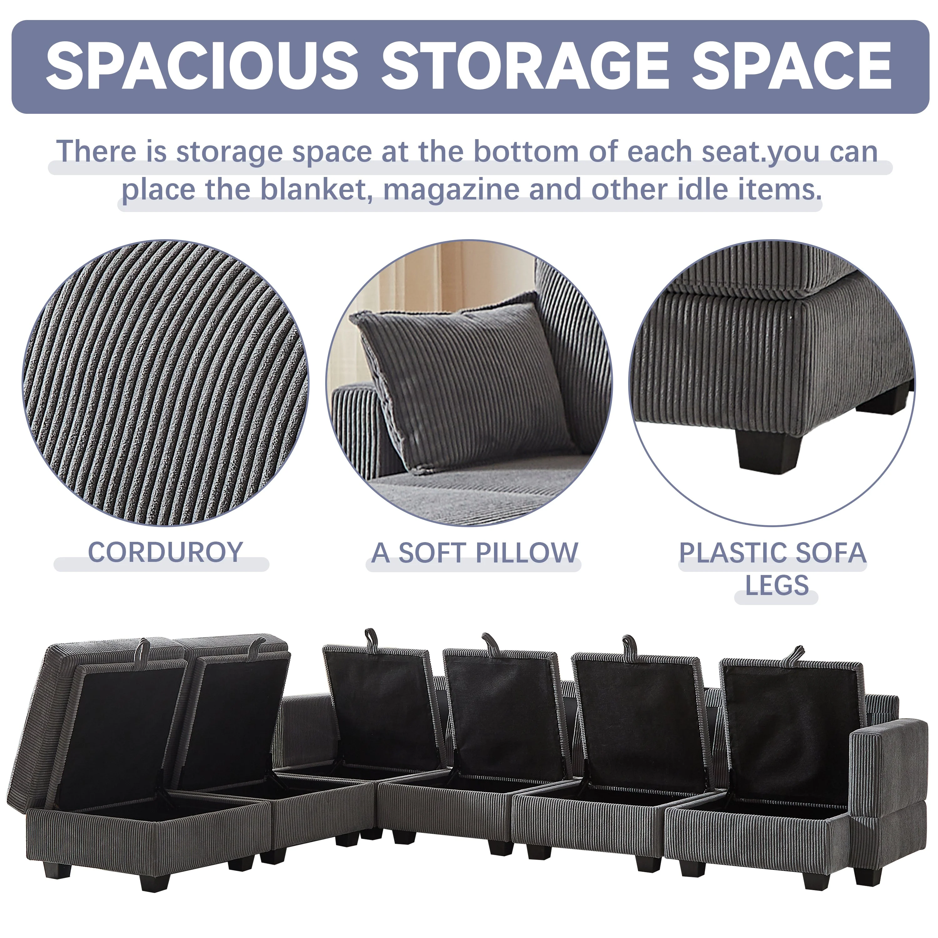 113.5'' Modular Sectional Corduroy Sofa with Storage Ottoman - Image 20