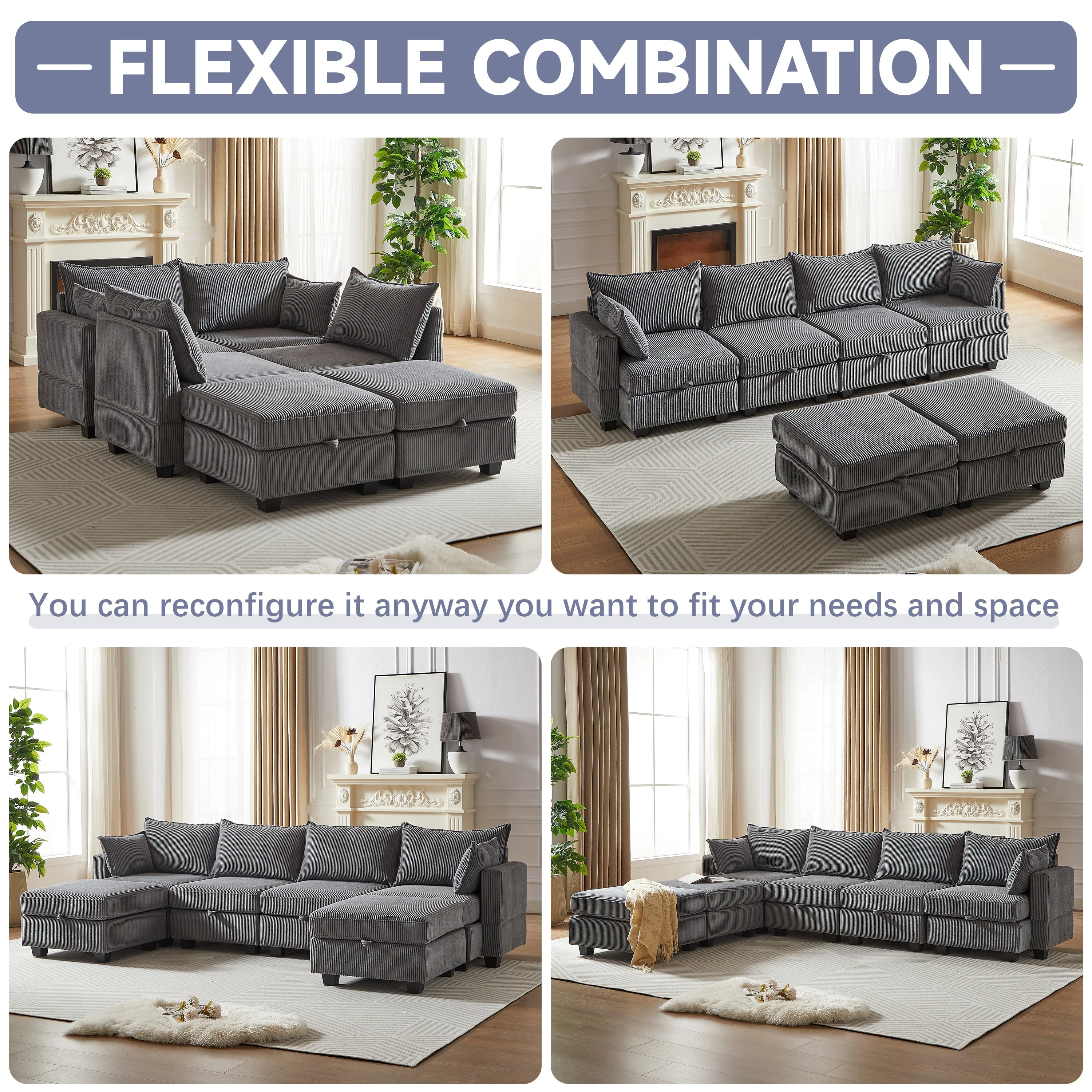 113.5'' Modular Sectional Corduroy Sofa with Storage Ottoman - Image 22