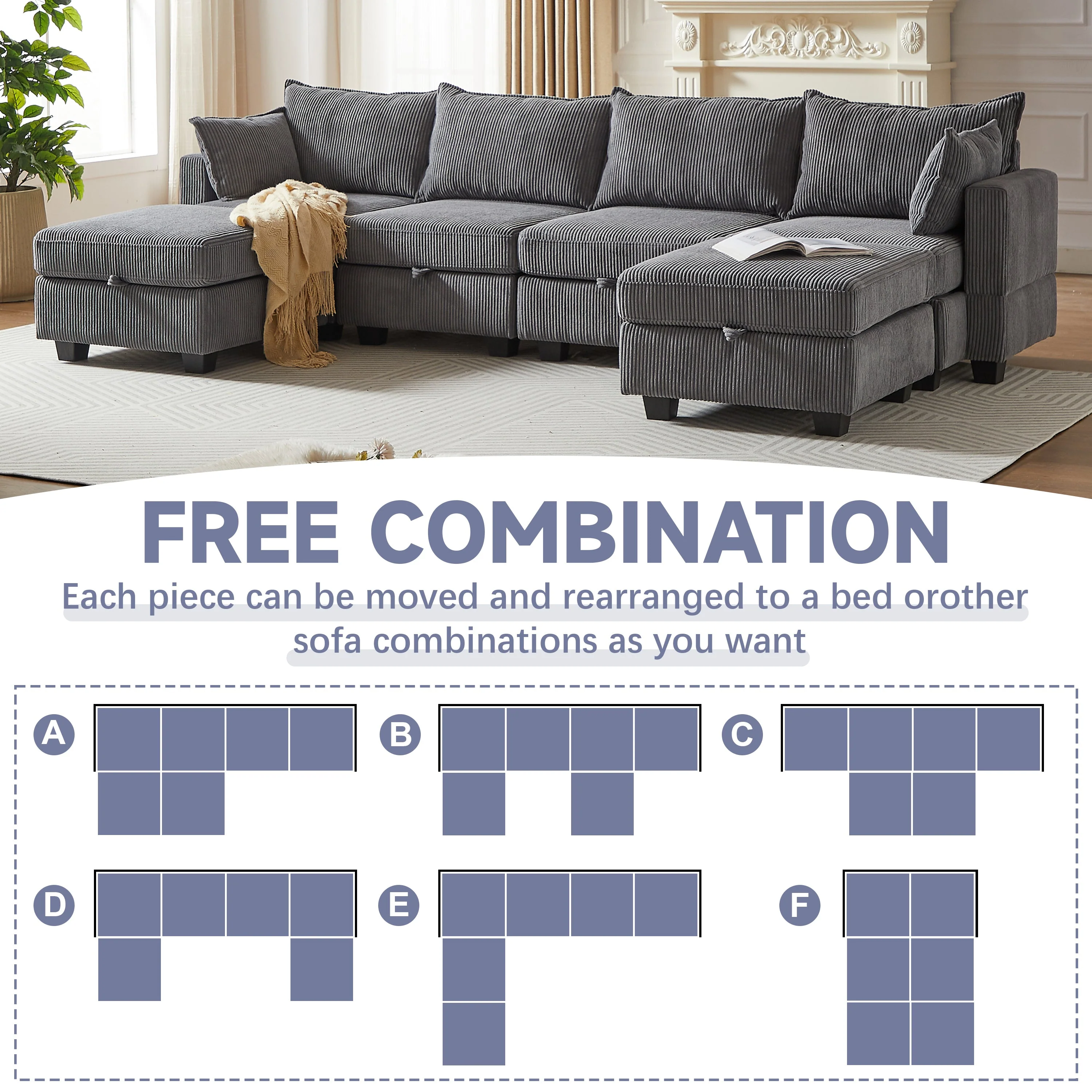 113.5'' Modular Sectional Corduroy Sofa with Storage Ottoman - Image 8