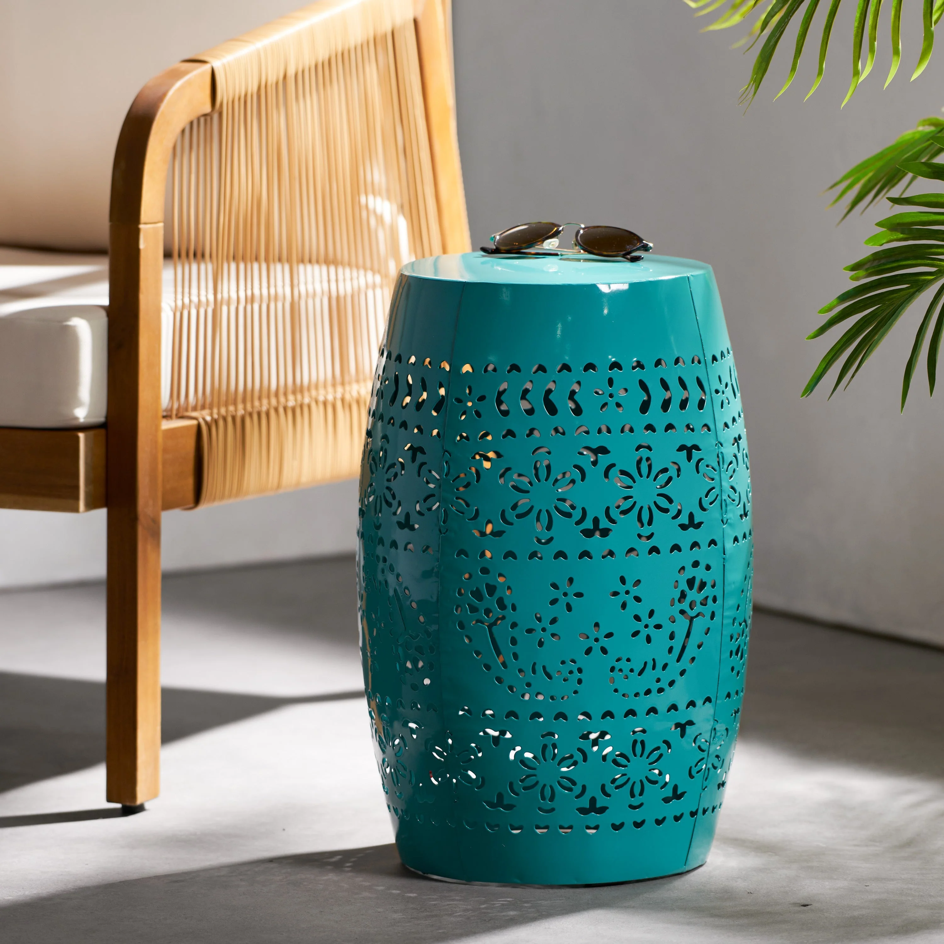 12' Outdoor Lace-Cut Side Table, Teal - Image 4