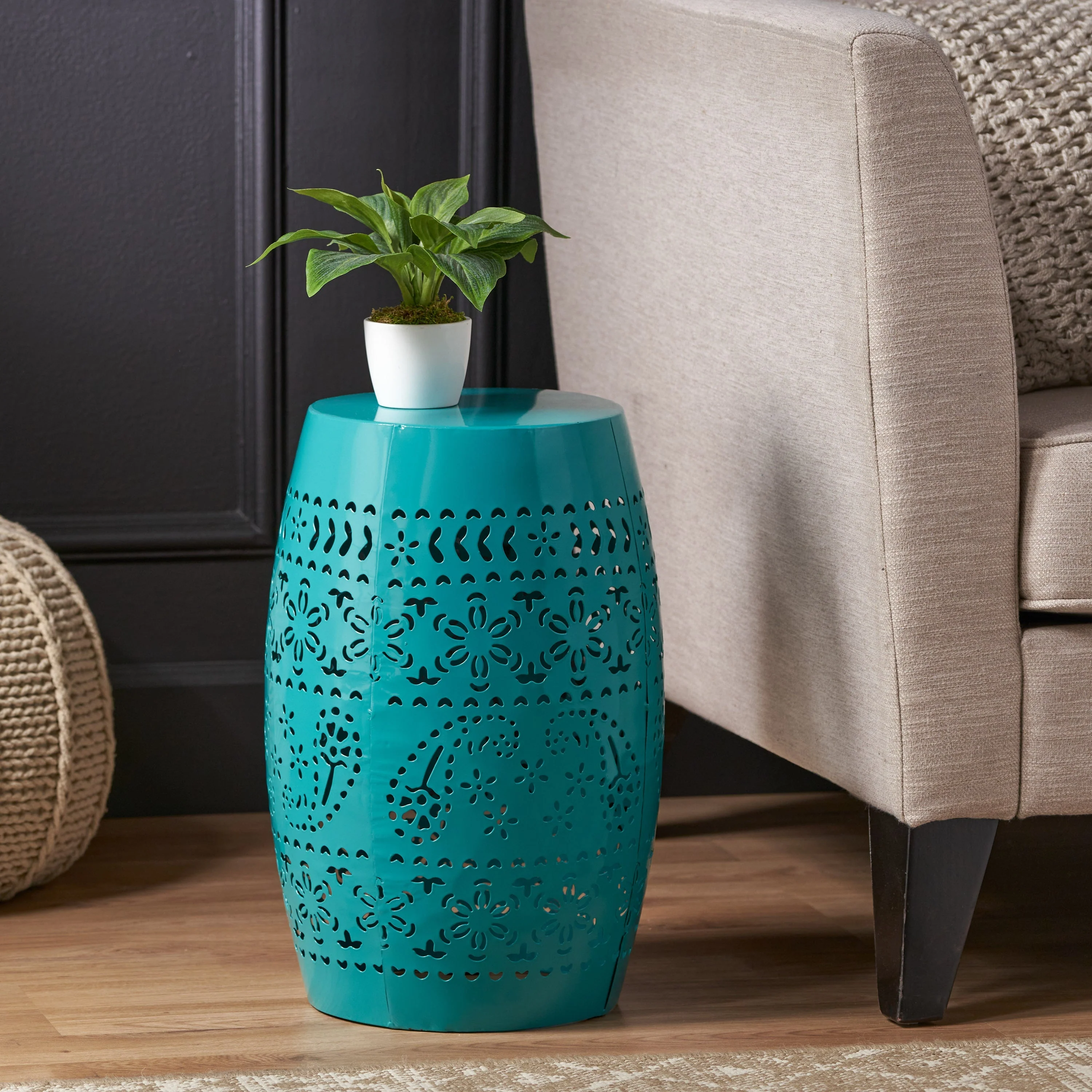 12' Outdoor Lace-Cut Side Table, Teal - Image 7