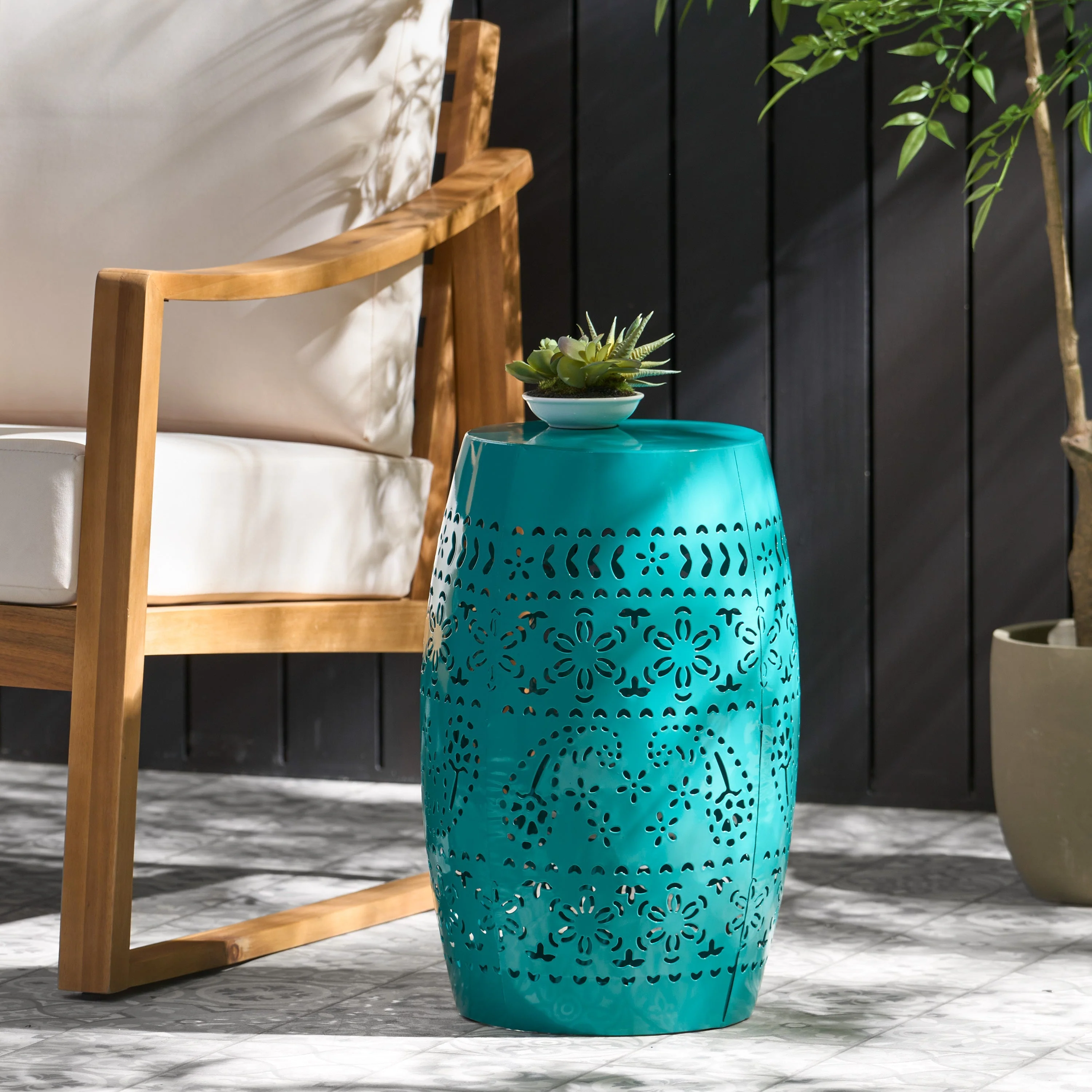 12' Outdoor Lace-Cut Side Table, Teal - Image 8