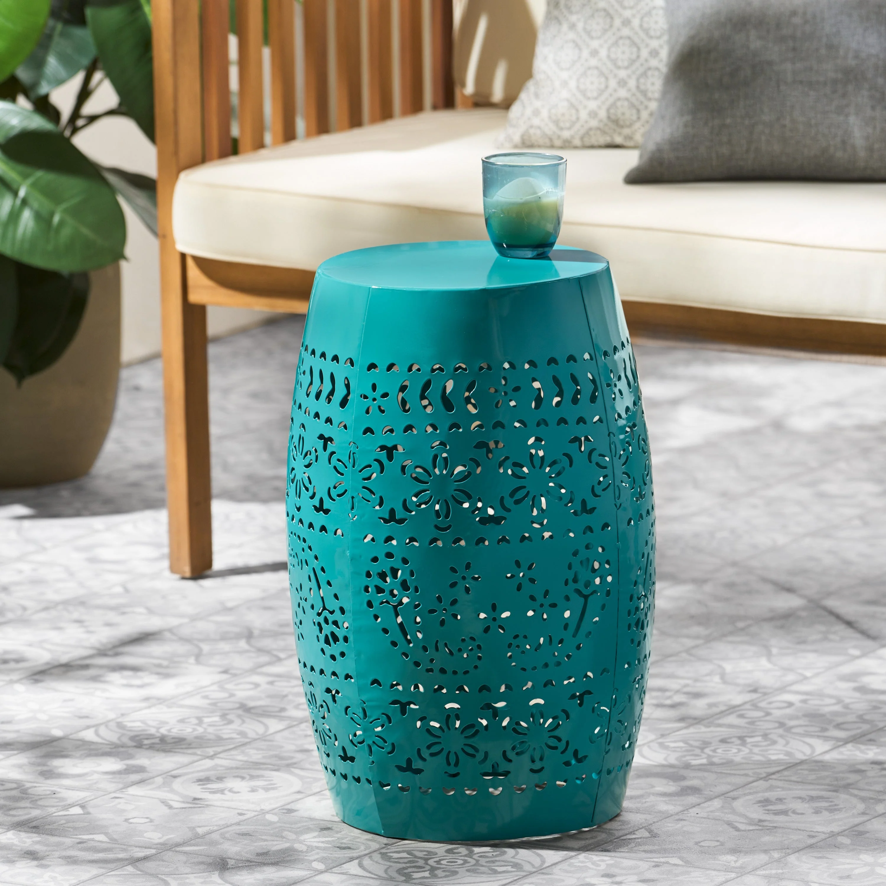 12' Outdoor Lace-Cut Side Table, Teal - Image 9
