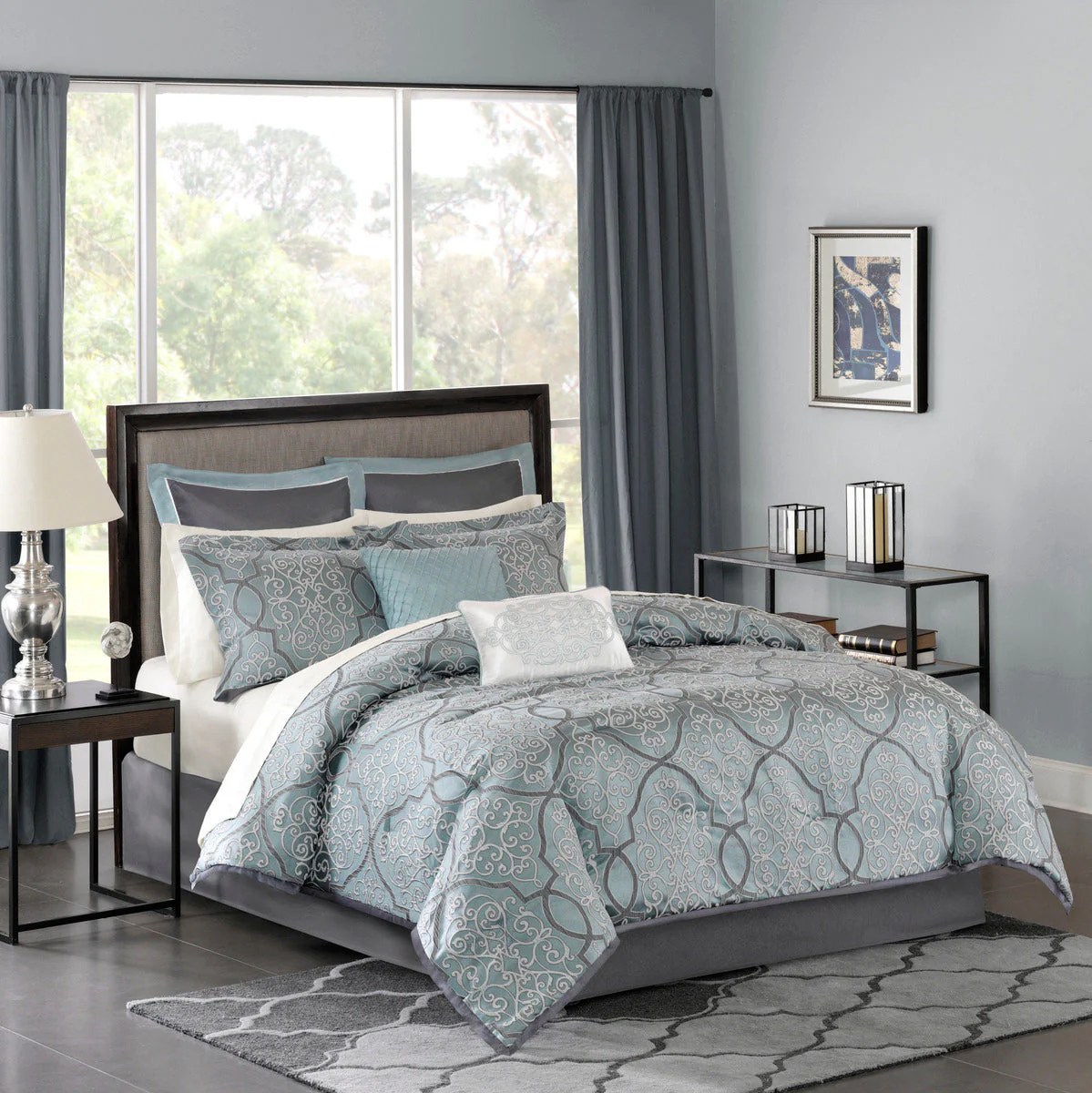 12 Piece Comforter Set with Cotton Bed Sheets Blue King