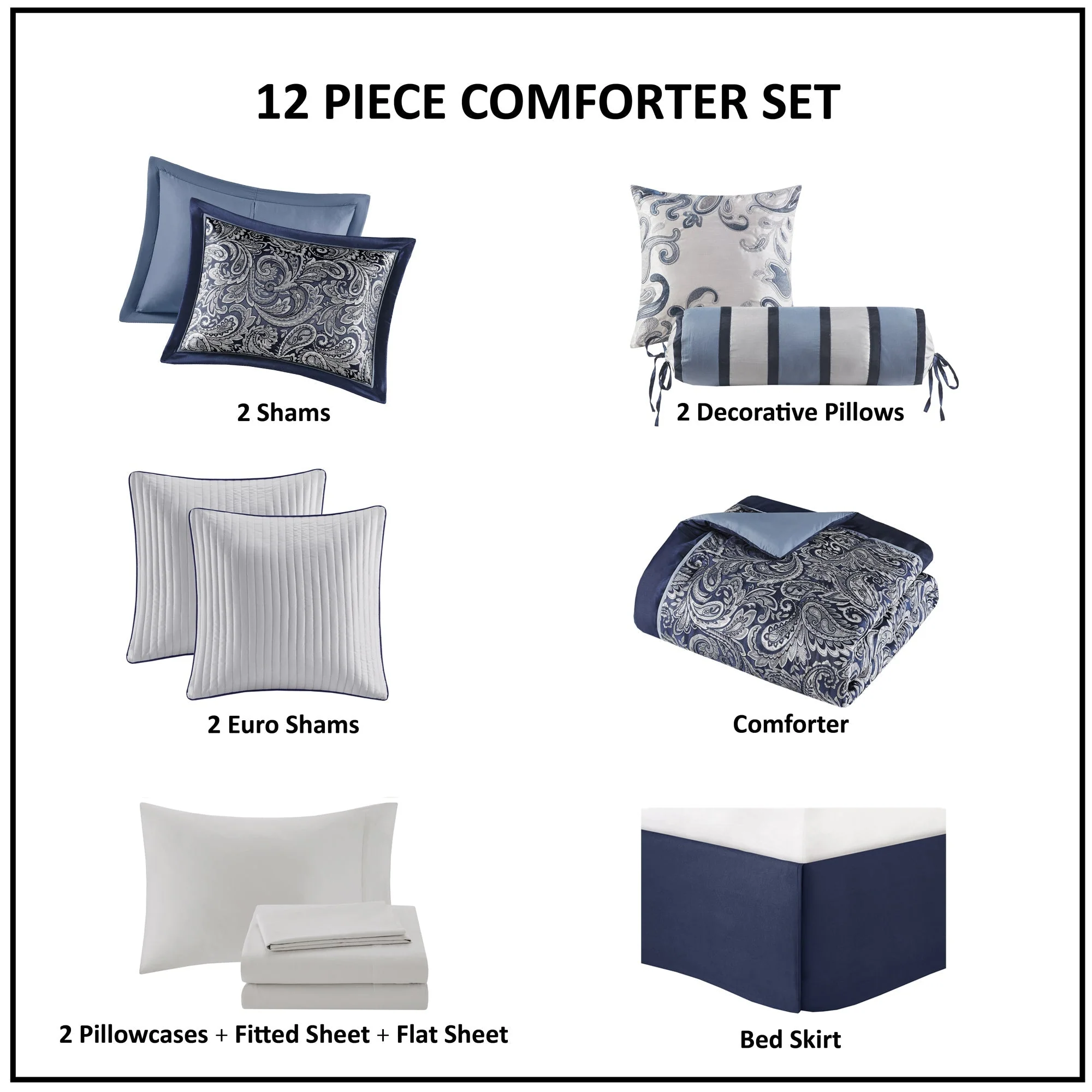 12 Piece Comforter Set with Cotton Bed Sheets Navy King - Image 4