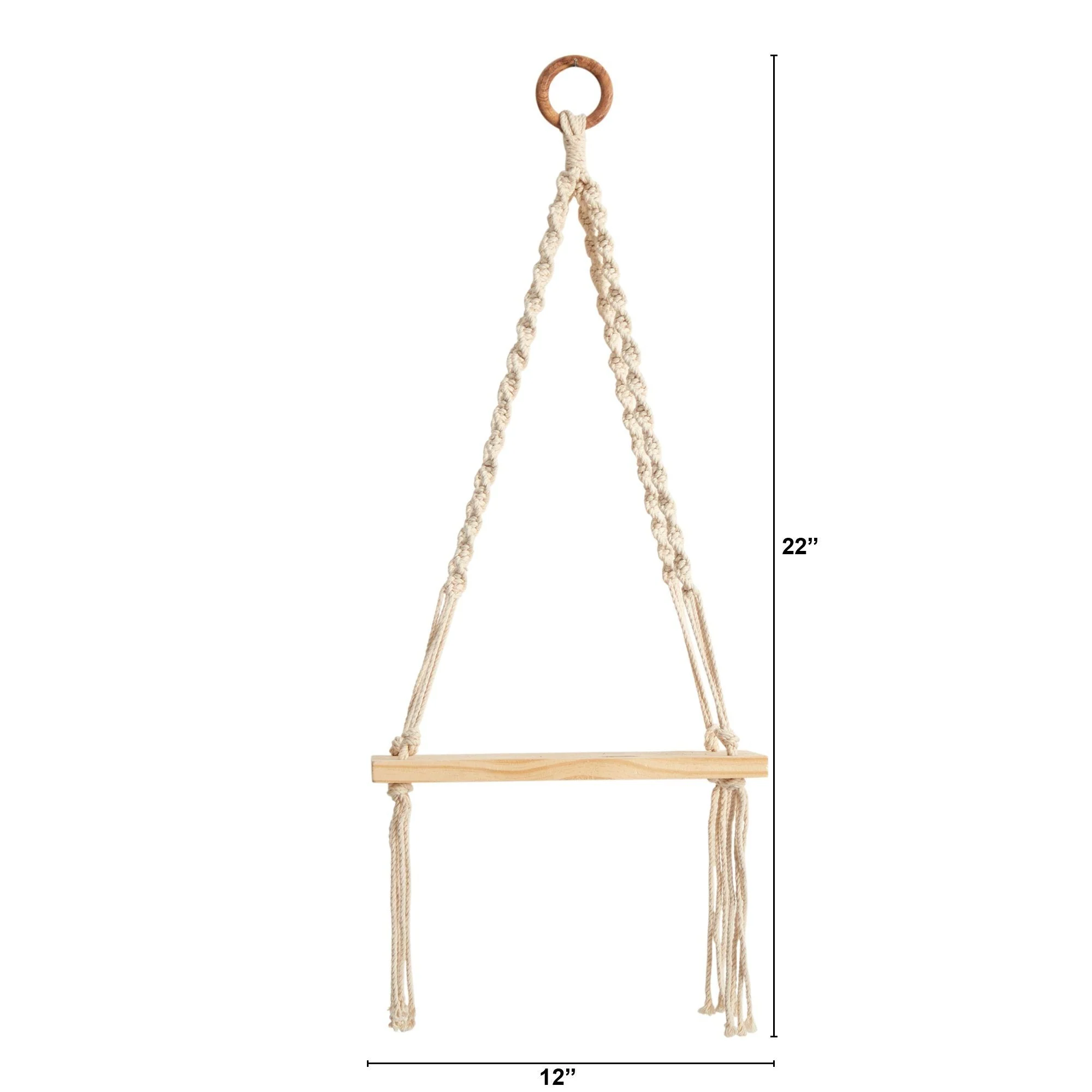 12” x 22” Hand Woven Macrame Wall Hanging with Wooden Shelf - Image 2