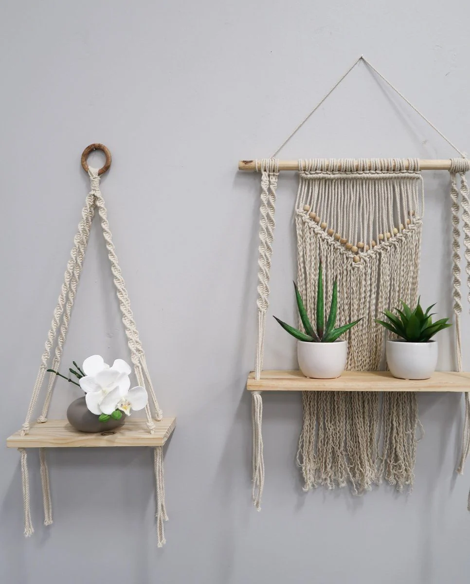 12” x 22” Hand Woven Macrame Wall Hanging with Wooden Shelf - Image 3