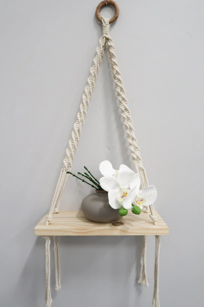 12” x 22” Hand Woven Macrame Wall Hanging with Wooden Shelf - Image 5