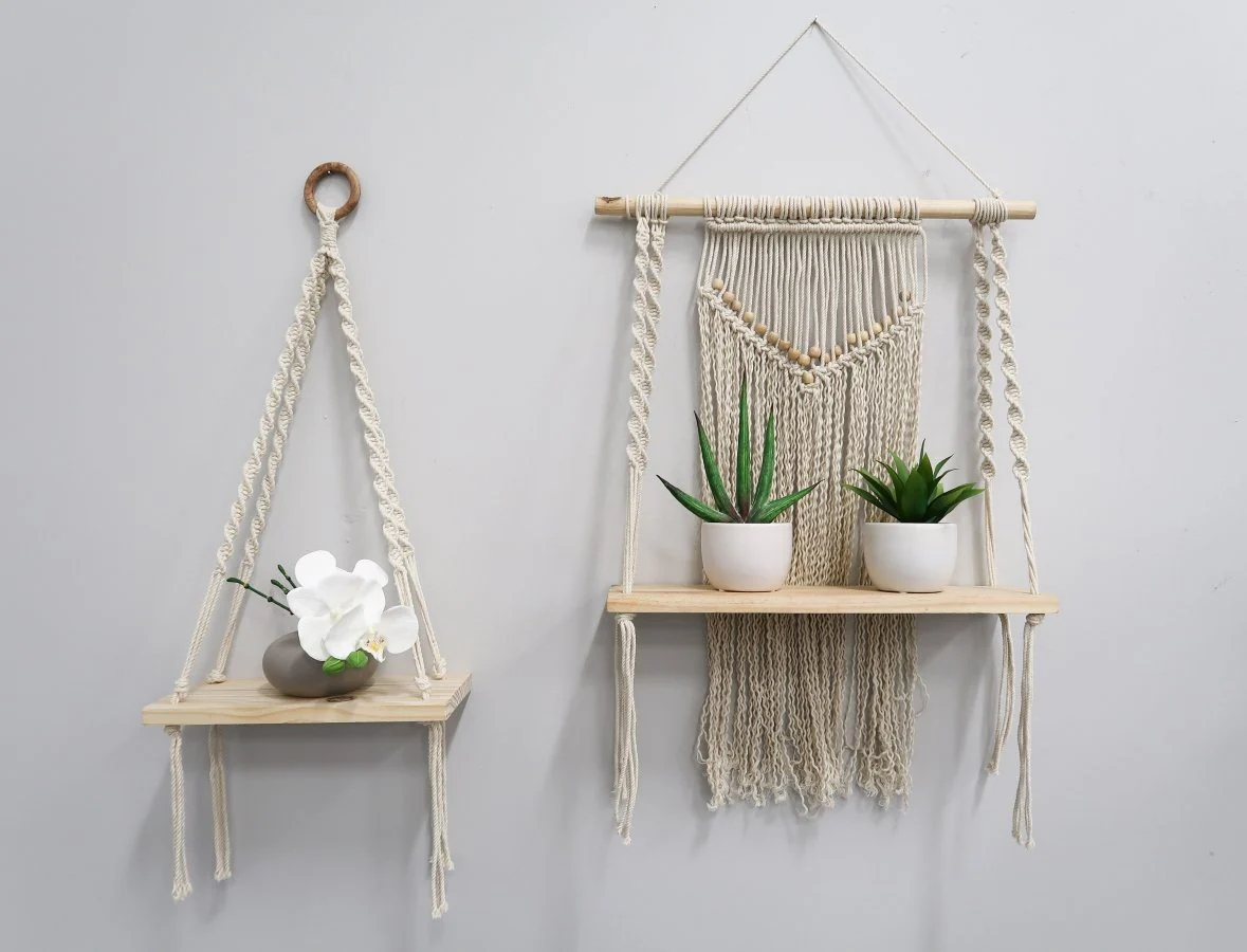 12” x 22” Hand Woven Macrame Wall Hanging with Wooden Shelf - Image 6