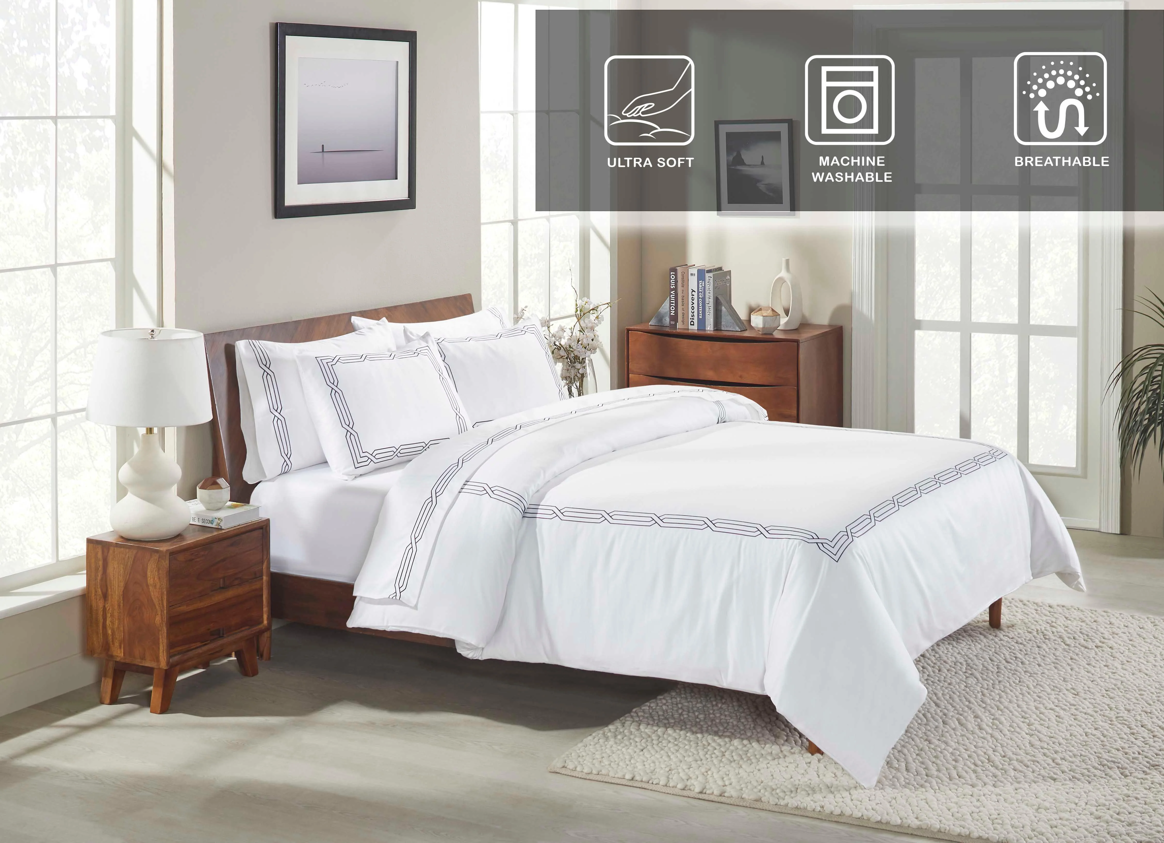 1200 Thread Count Egyptian Cotton Embroidered Scroll Duvet Cover Set - Image 22