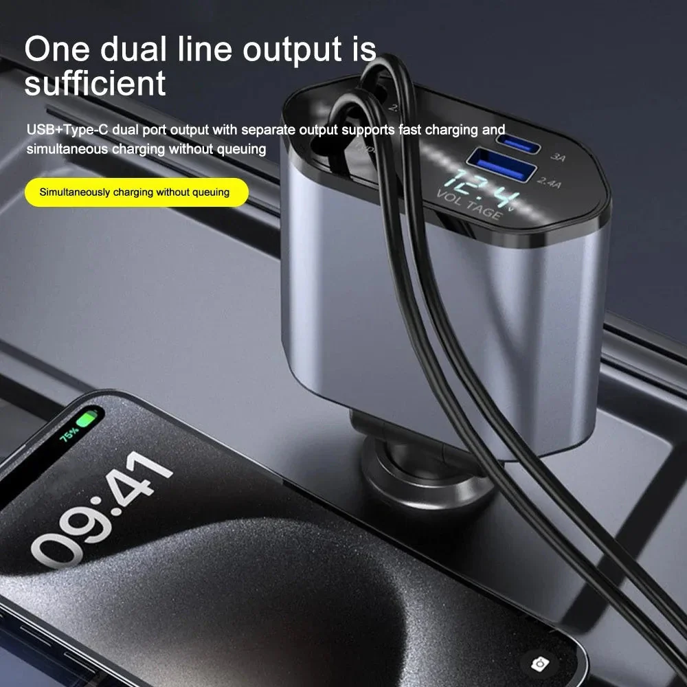 120W Car Charger Retractable Cable USB & USB-C Fast Charging Car Adapter - Image 2