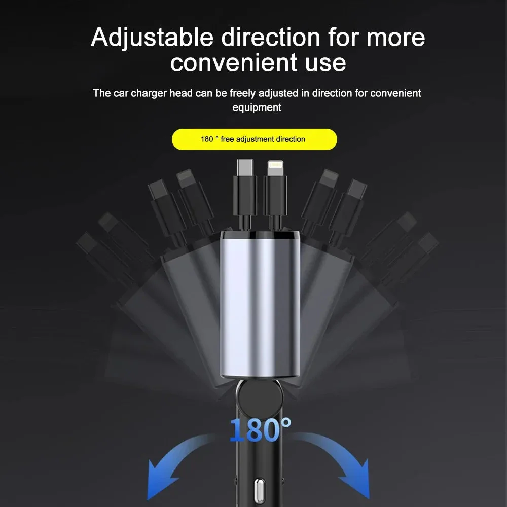 120W Car Charger Retractable Cable USB & USB-C Fast Charging Car Adapter - Image 3