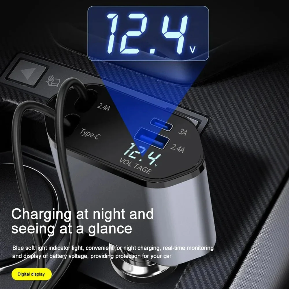 120W Car Charger Retractable Cable USB & USB-C Fast Charging Car Adapter - Image 5