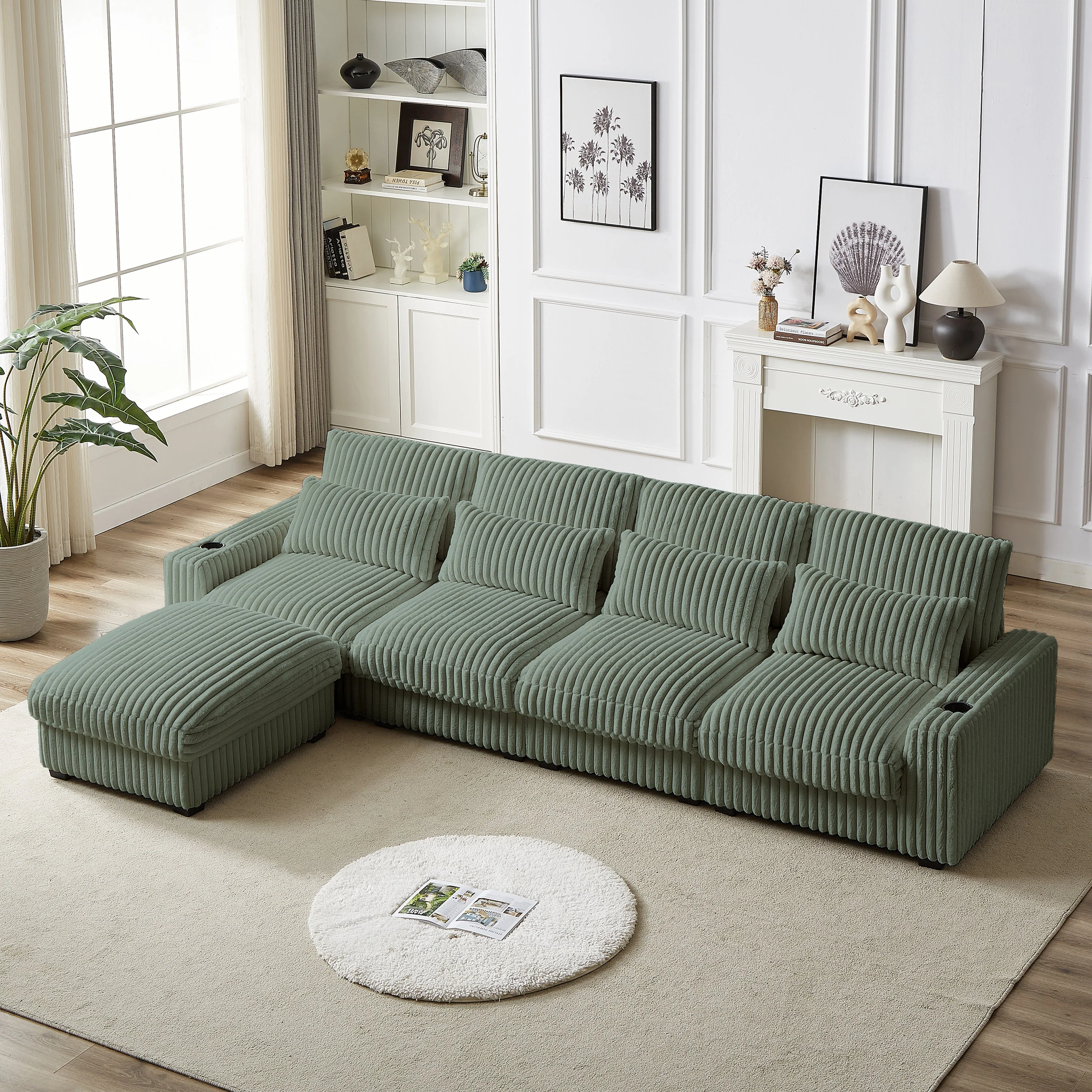 126-Inch Corduroy With Cup Holder Super Large L-Shaped Sofa