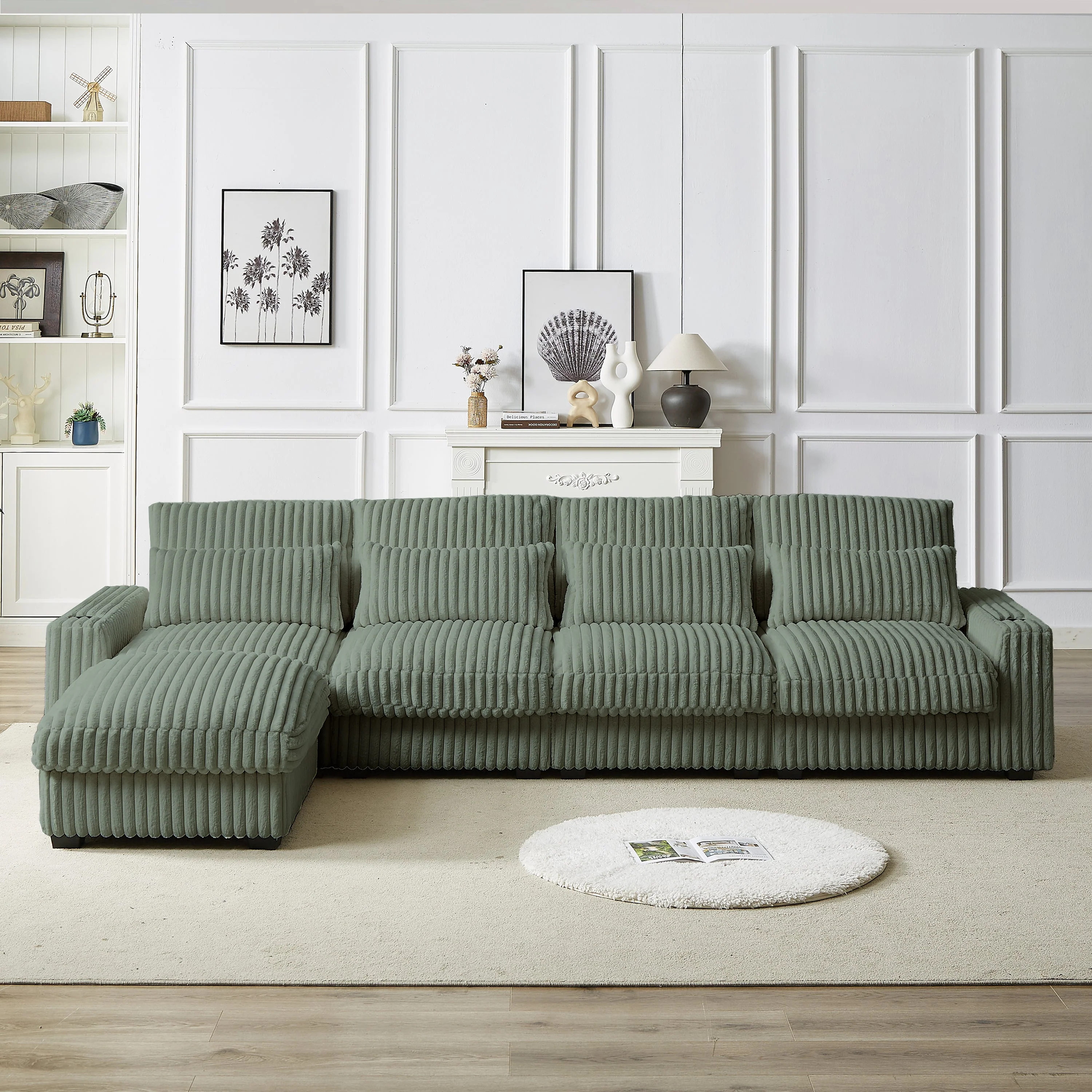 126-Inch Corduroy With Cup Holder Super Large L-Shaped Sofa - Image 10
