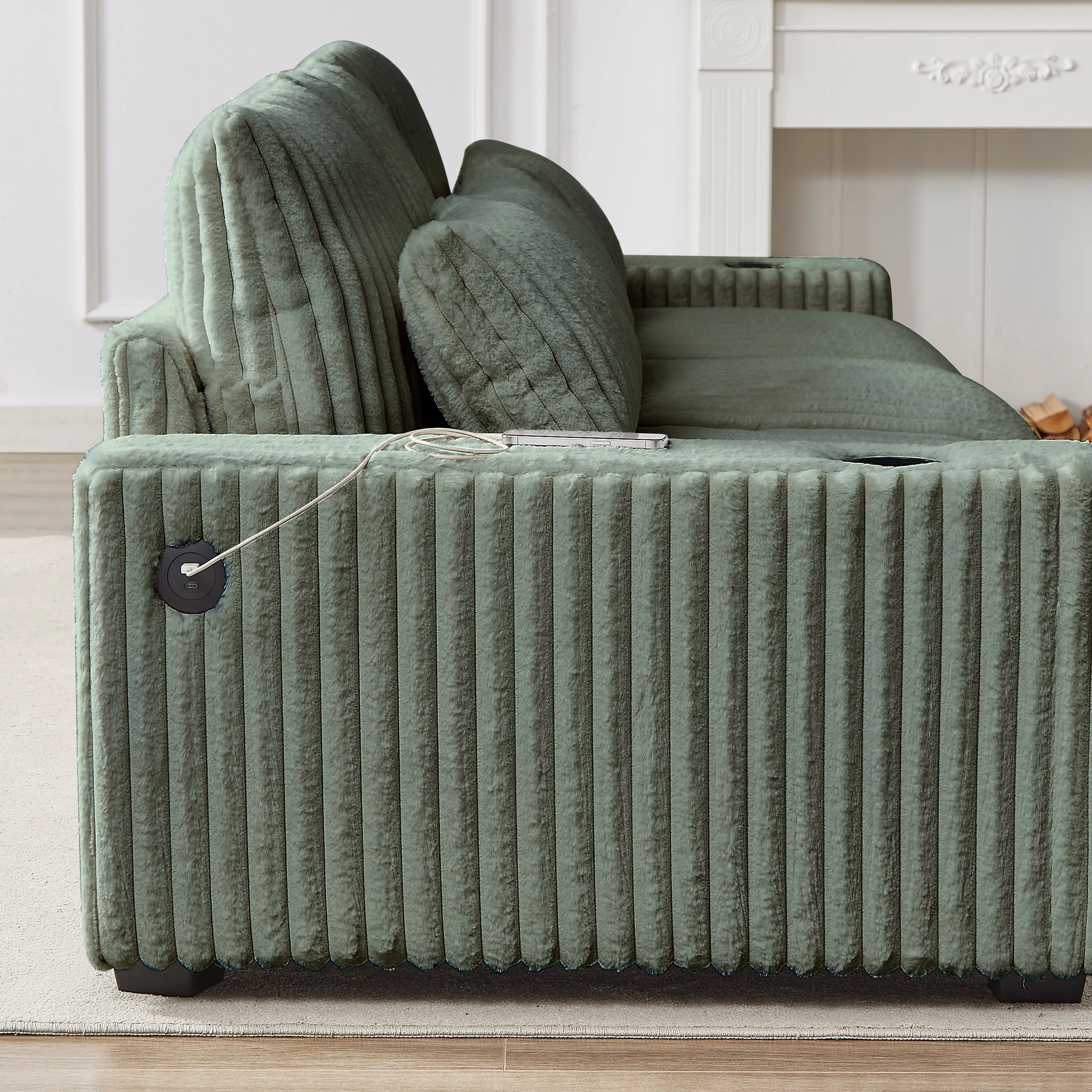 126-Inch Corduroy With Cup Holder Super Large L-Shaped Sofa - Image 11