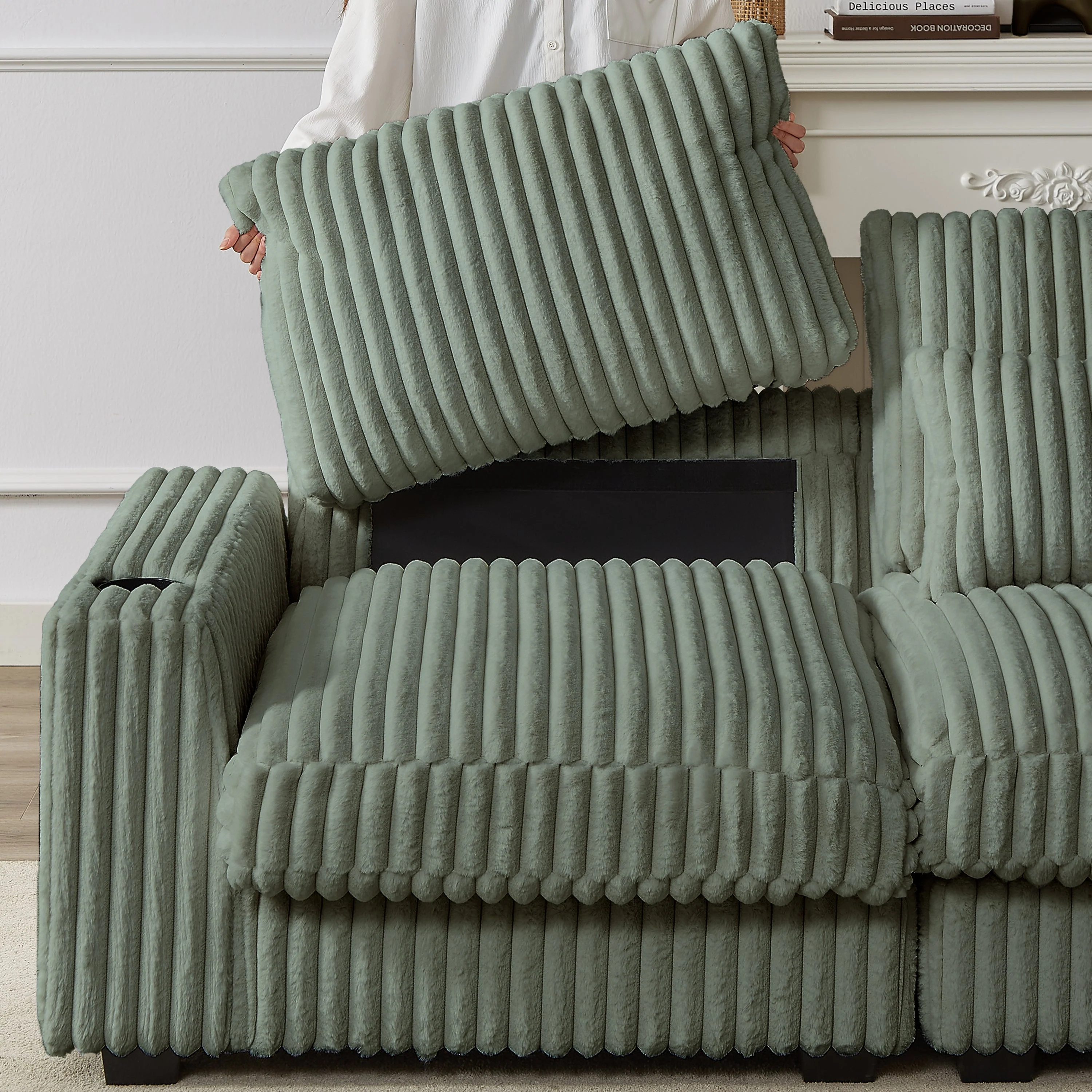 126-Inch Corduroy With Cup Holder Super Large L-Shaped Sofa - Image 12