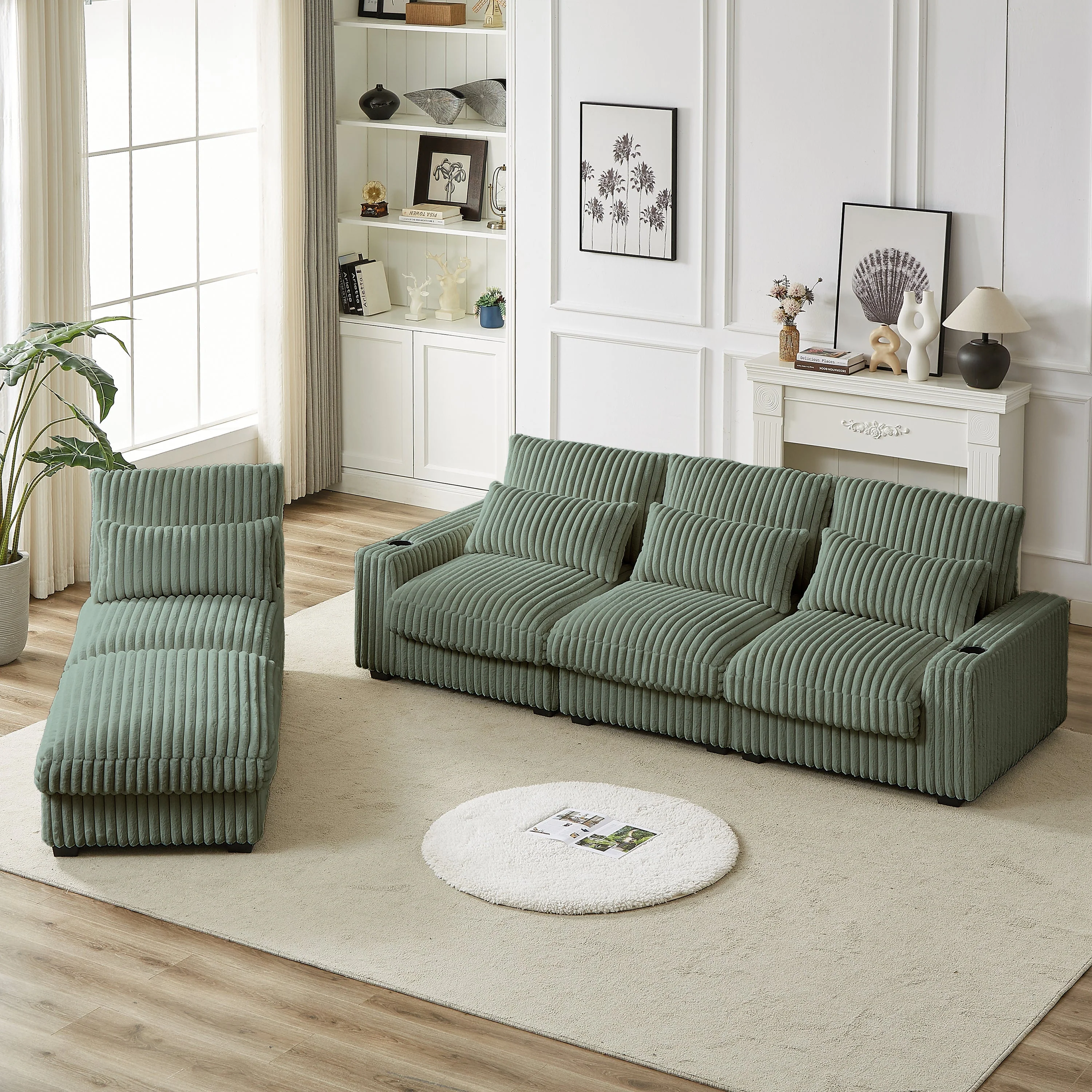 126-Inch Corduroy With Cup Holder Super Large L-Shaped Sofa - Image 13
