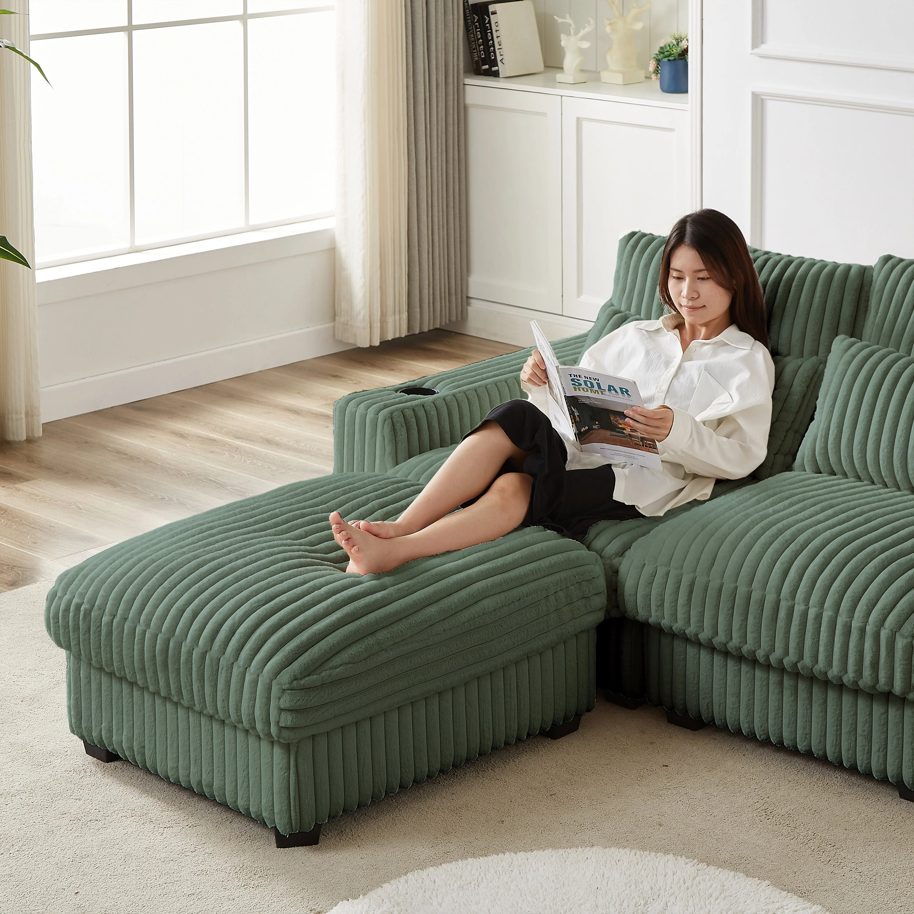 126-Inch Corduroy With Cup Holder Super Large L-Shaped Sofa - Image 14