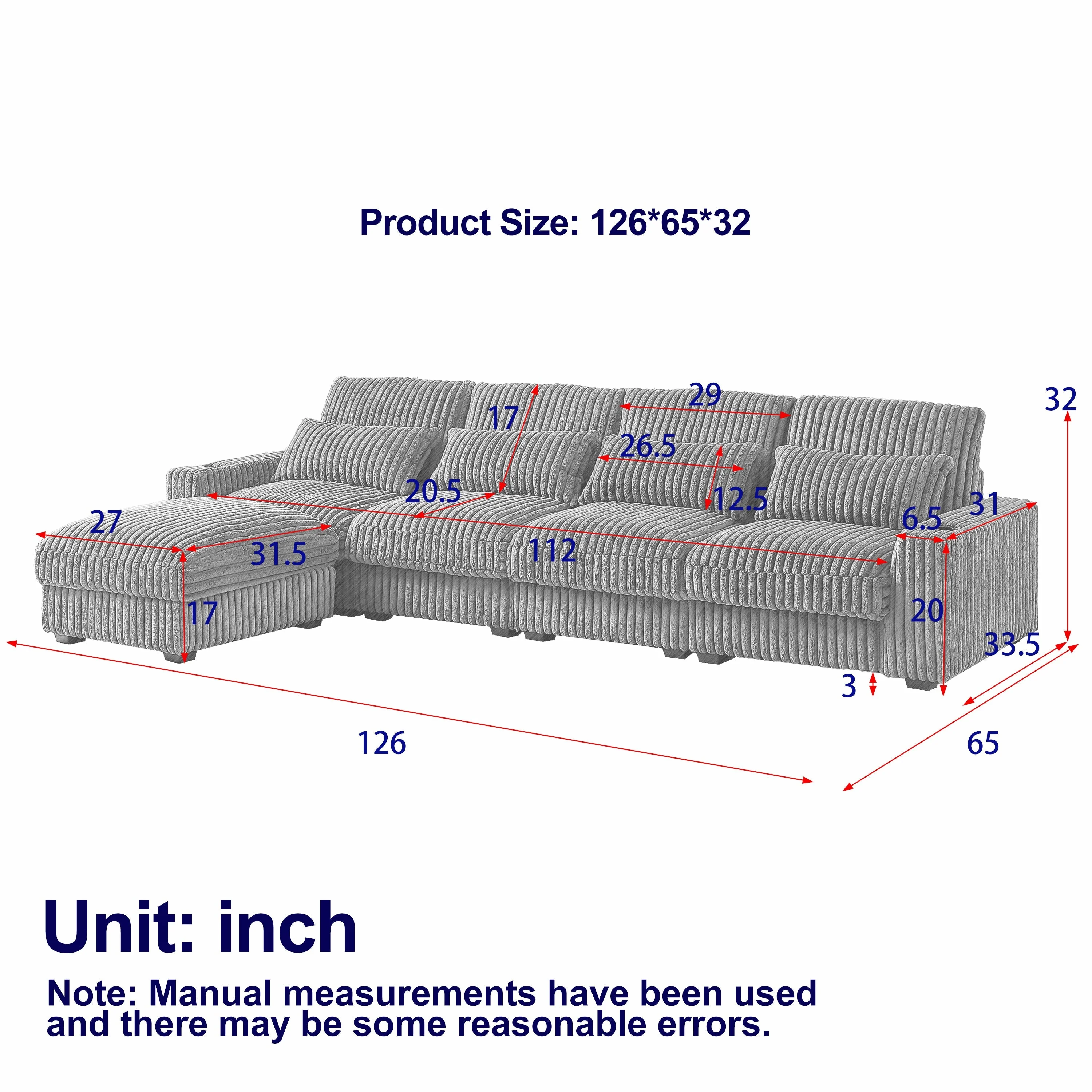 126-Inch Corduroy With Cup Holder Super Large L-Shaped Sofa - Image 2