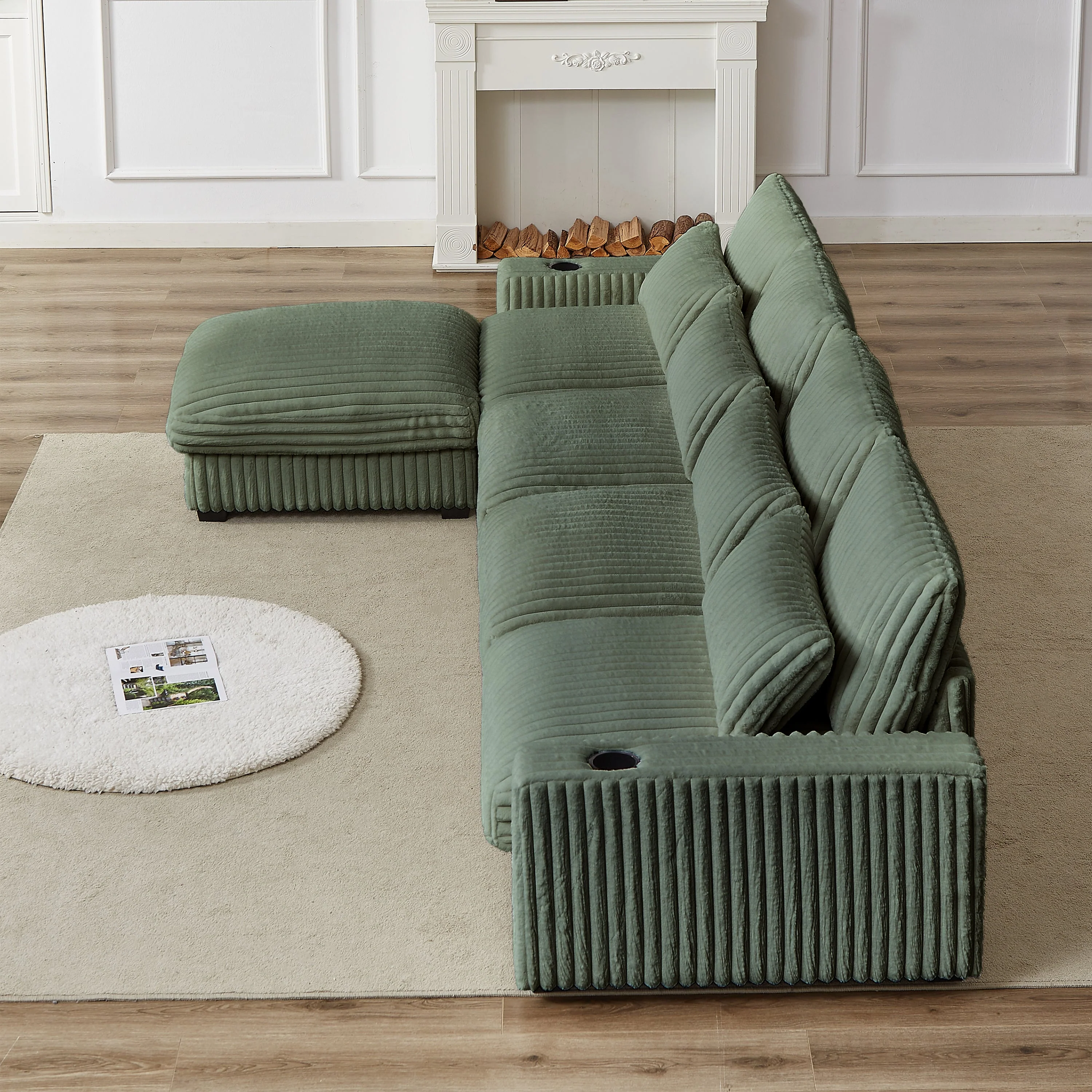 126-Inch Corduroy With Cup Holder Super Large L-Shaped Sofa - Image 9