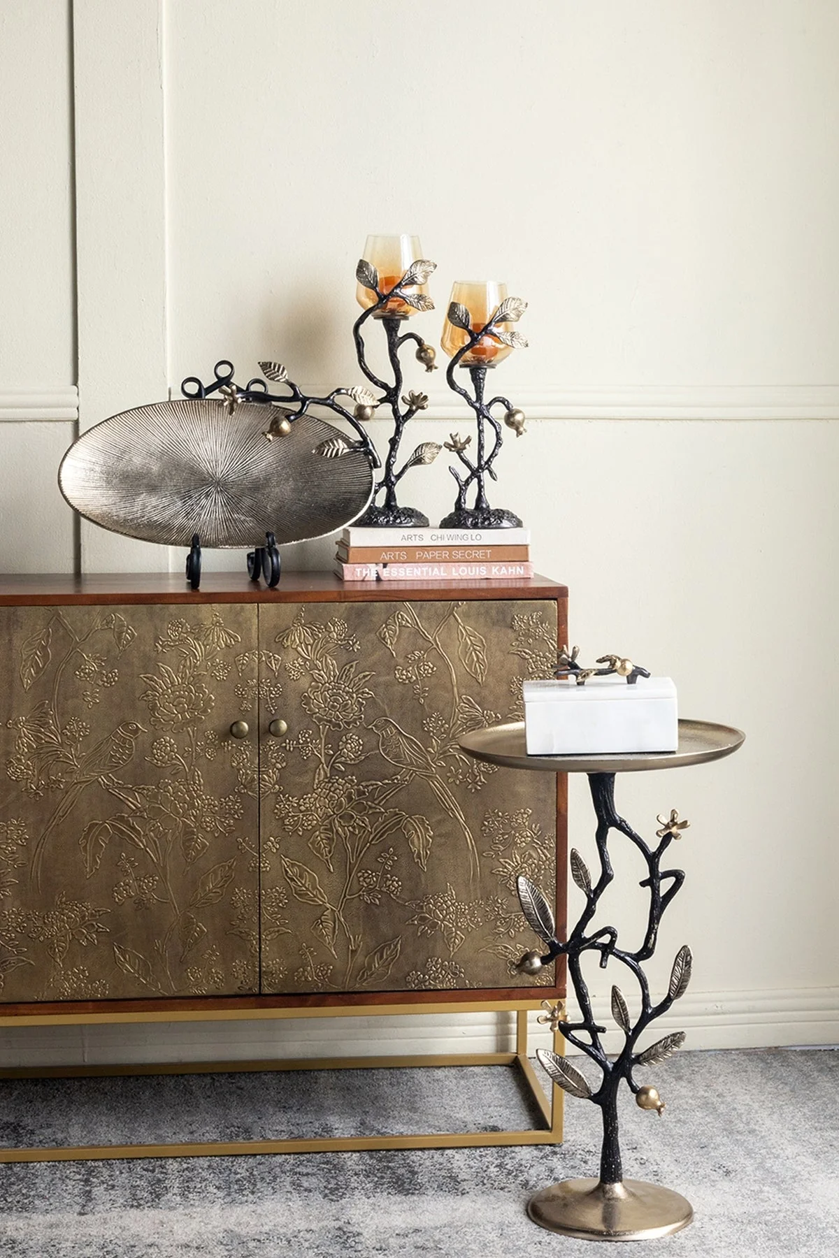 13.8x13.8x24 Black and Gold Aluminum Side Table with Pomegranate Design - Image 2