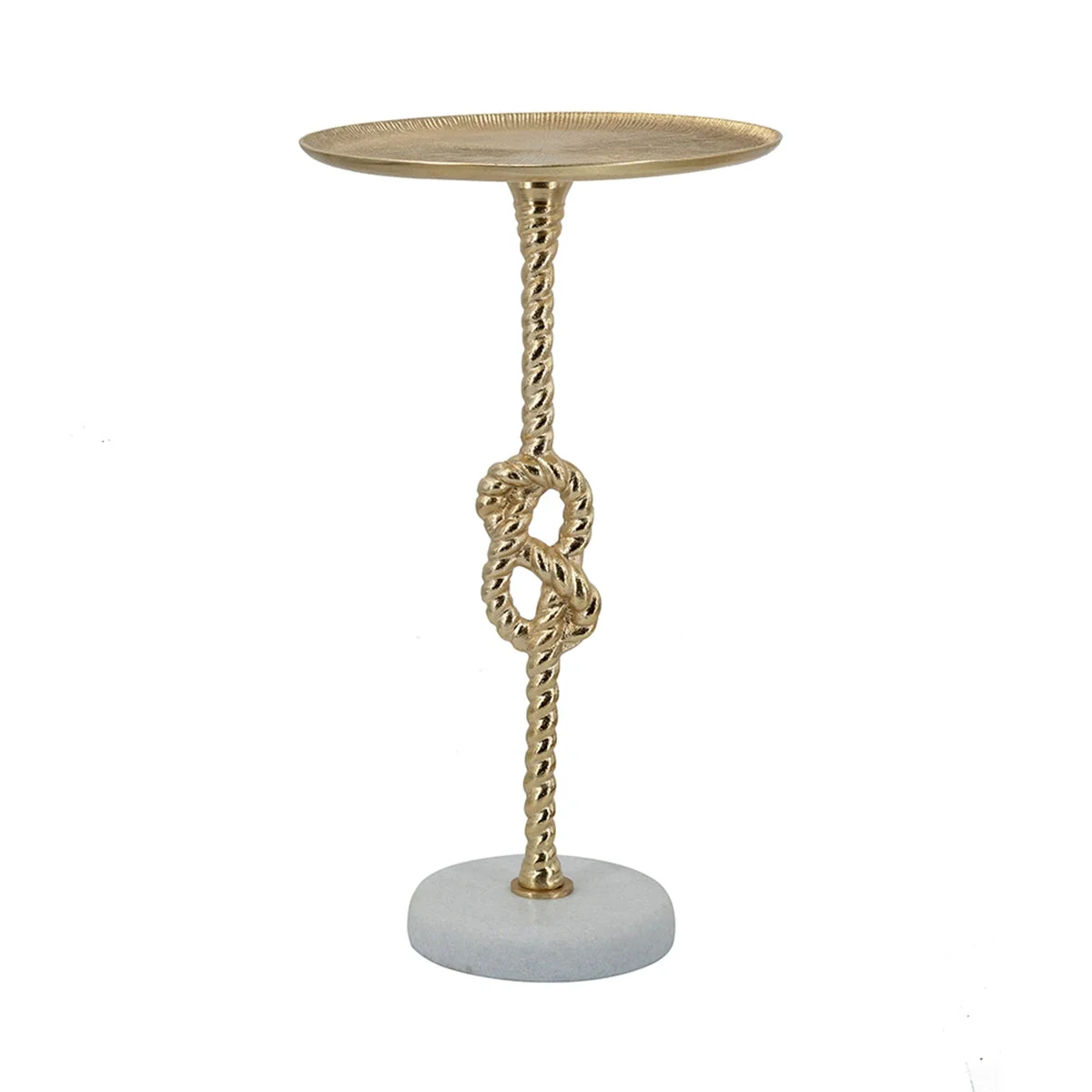 13.8x13.8x24 Gold Side Table with Rope Knot Design and White Marble Base
