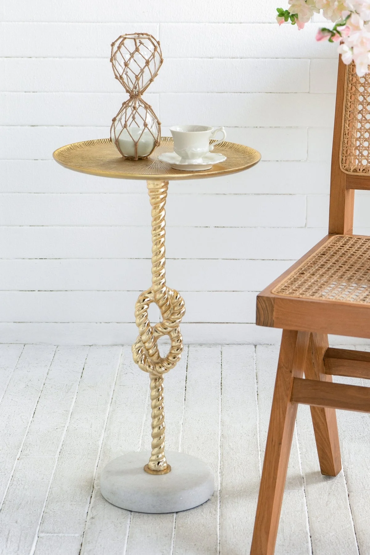 13.8x13.8x24 Gold Side Table with Rope Knot Design and White Marble Base - Image 2