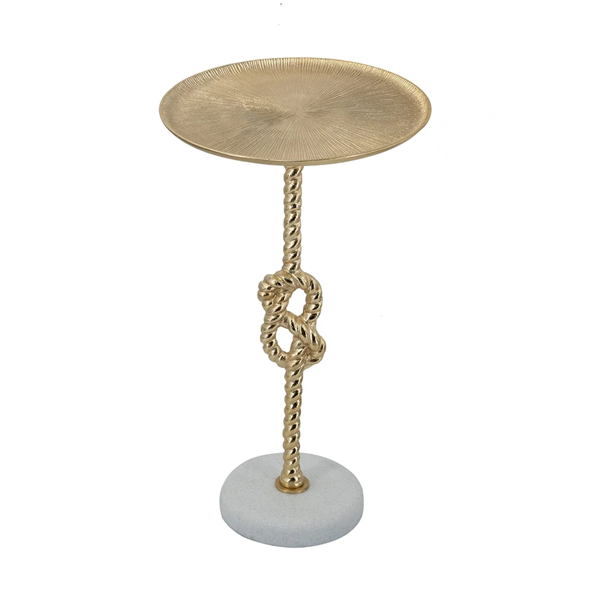 13.8x13.8x24 Gold Side Table with Rope Knot Design and White Marble Base - Image 3