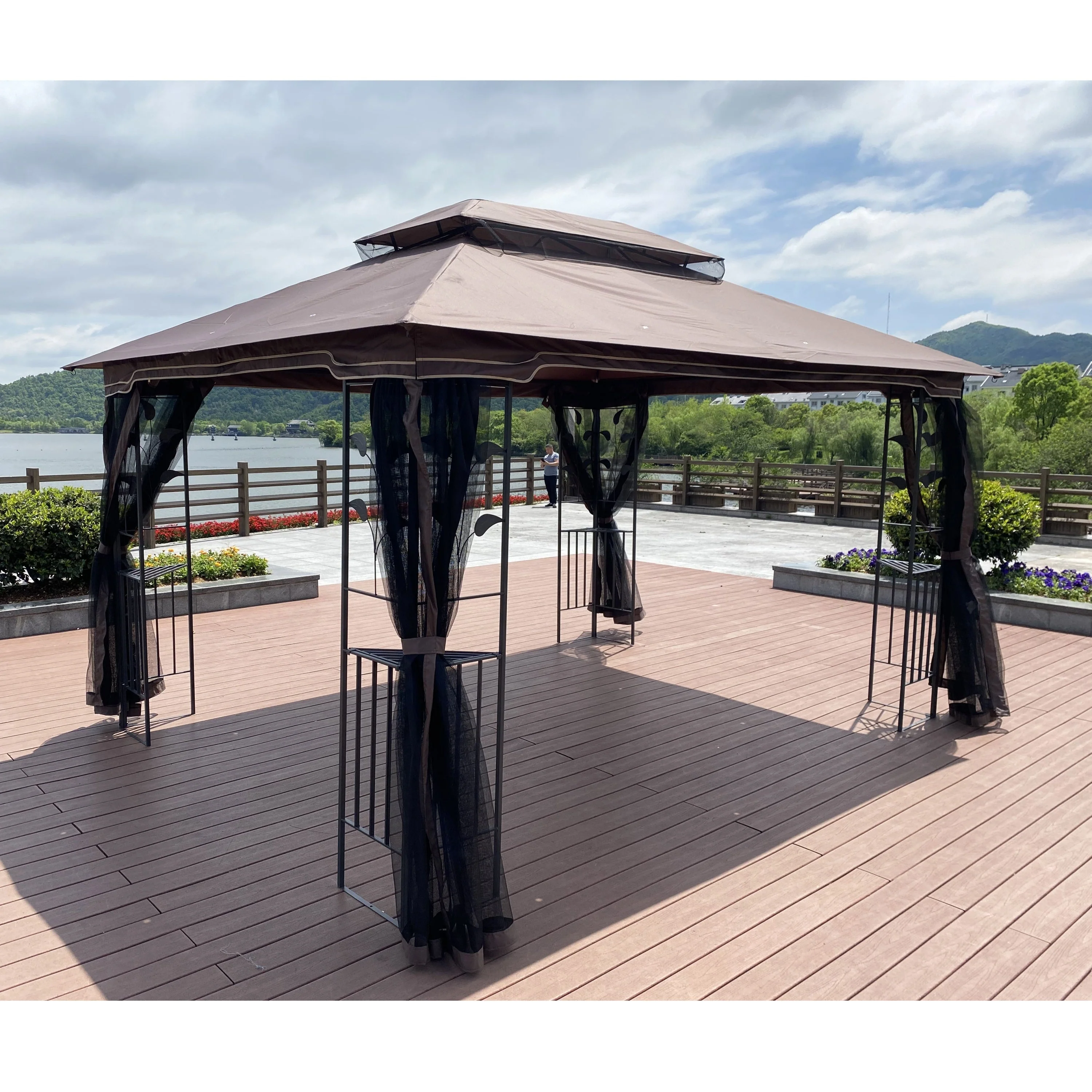13 x 10 ft Patio Gazebo Tent with Ventilated Double Roof and Mosquito Net - Image 10