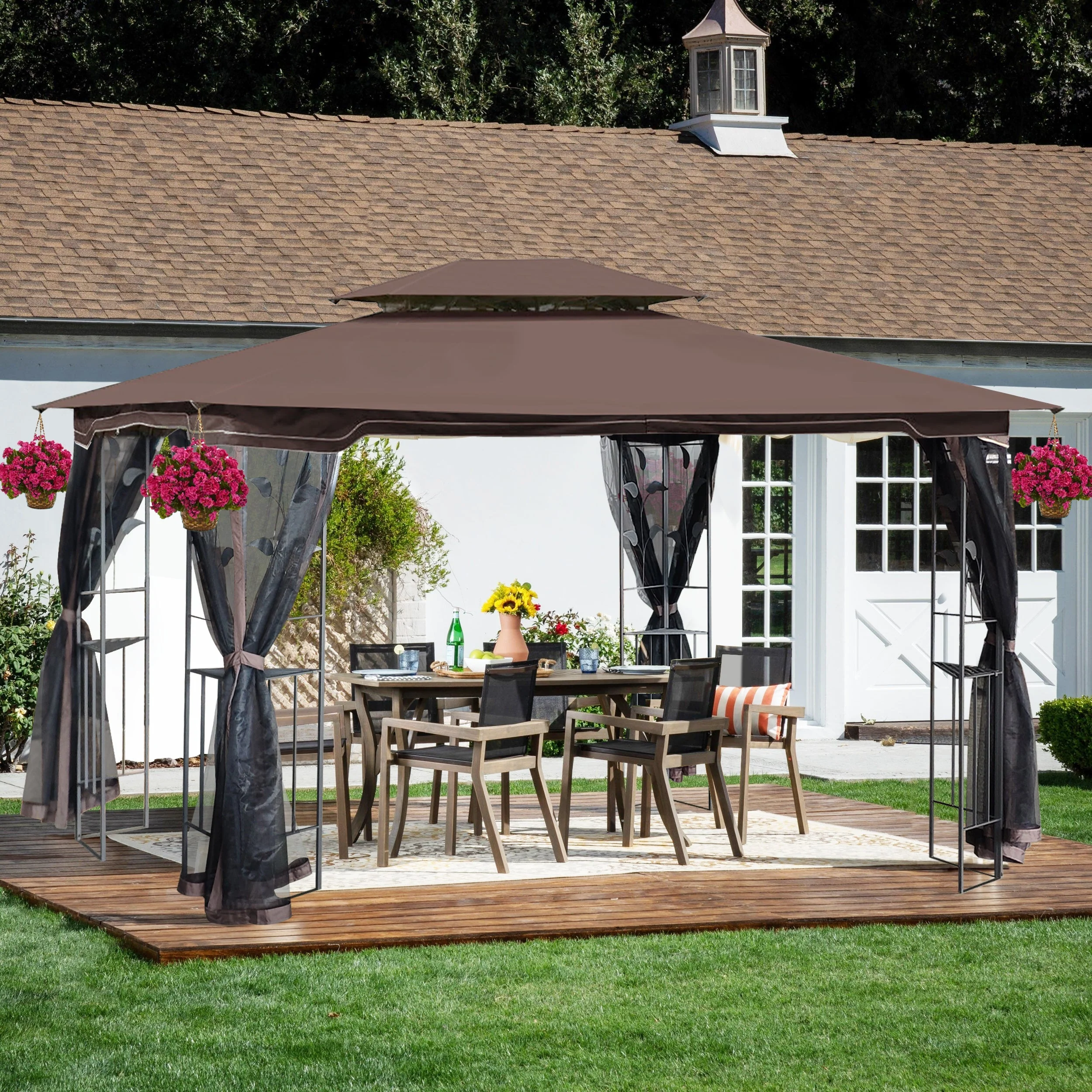 13 x 10 ft Patio Gazebo Tent with Ventilated Double Roof and Mosquito Net - Image 2