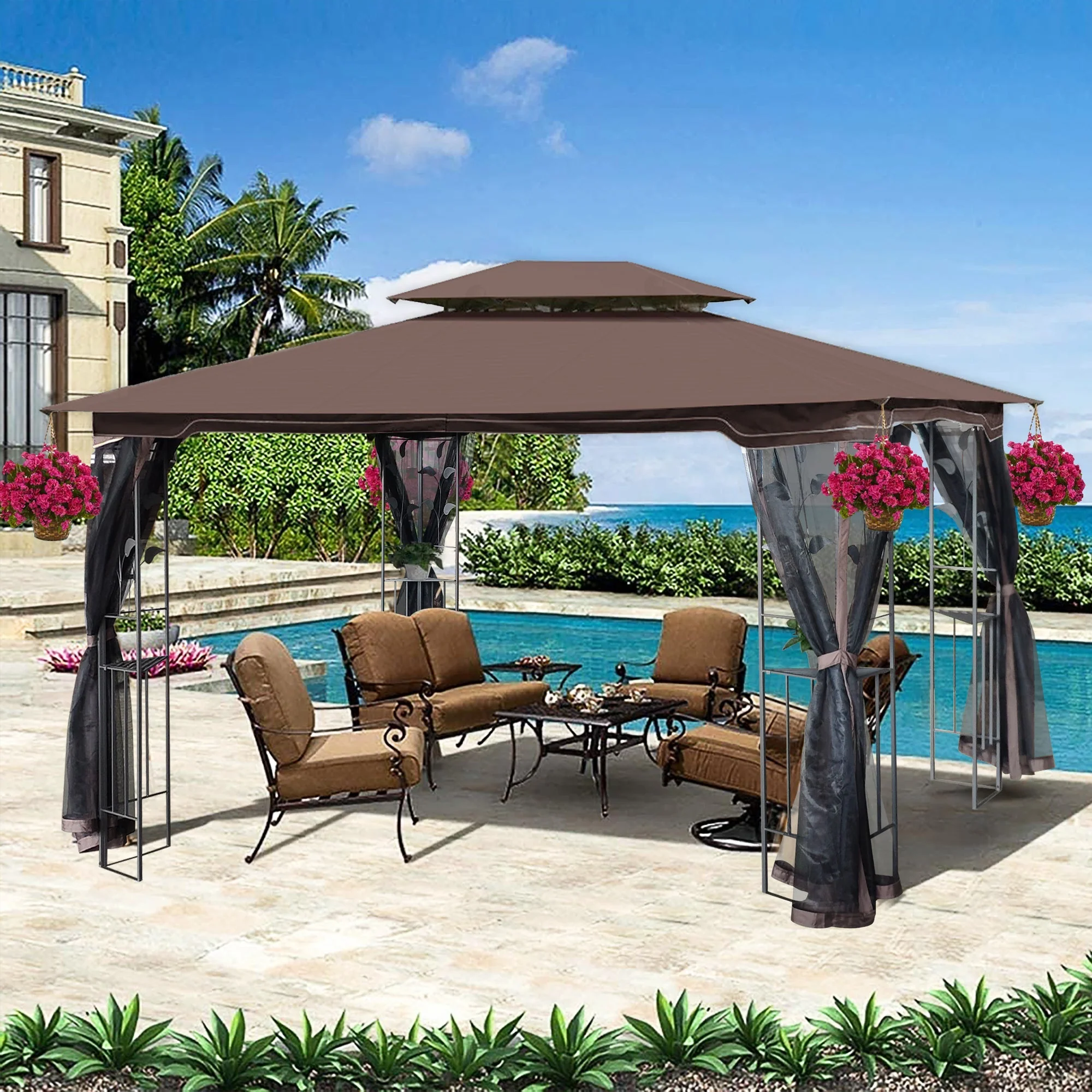 13 x 10 ft Patio Gazebo Tent with Ventilated Double Roof and Mosquito Net - Image 4