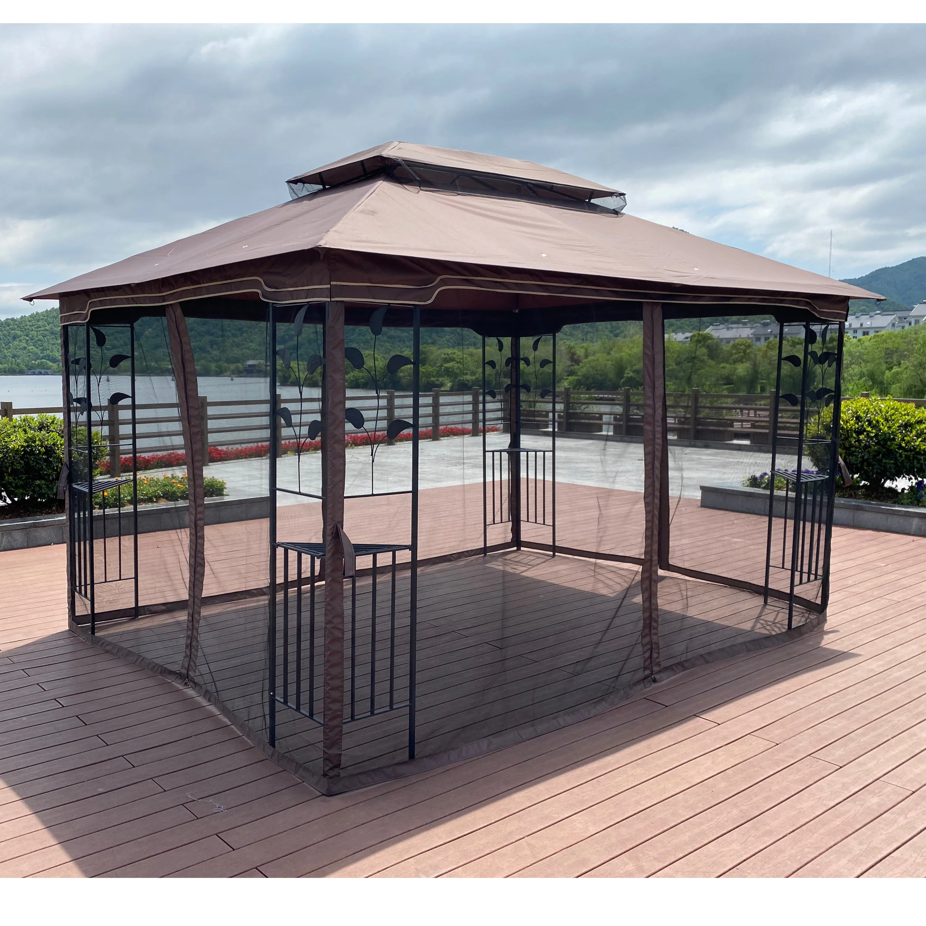 13 x 10 ft Patio Gazebo Tent with Ventilated Double Roof and Mosquito Net - Image 7