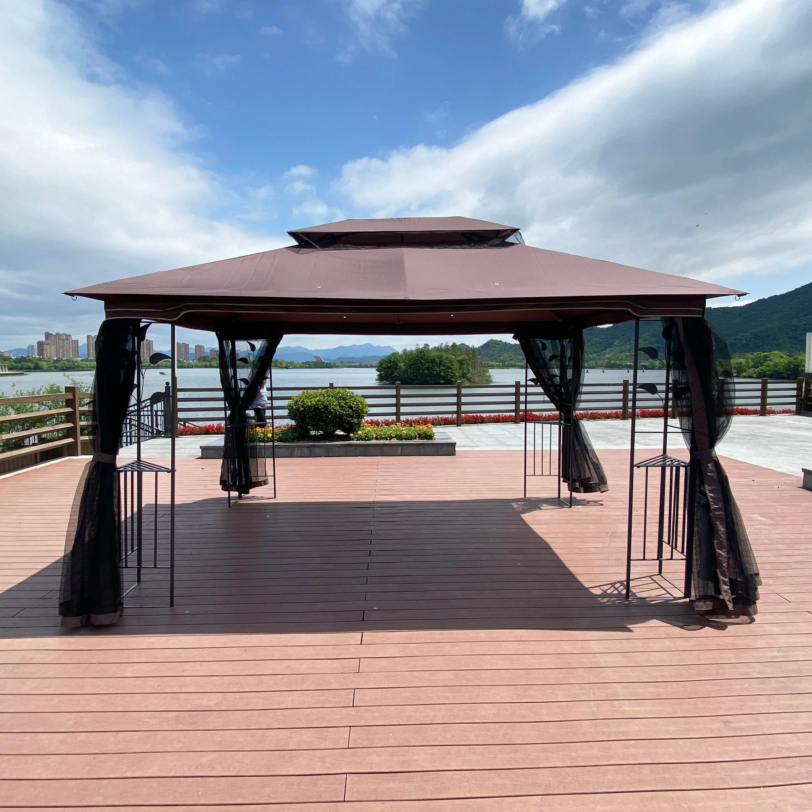 13 x 10 ft Patio Gazebo Tent with Ventilated Double Roof and Mosquito Net - Image 8