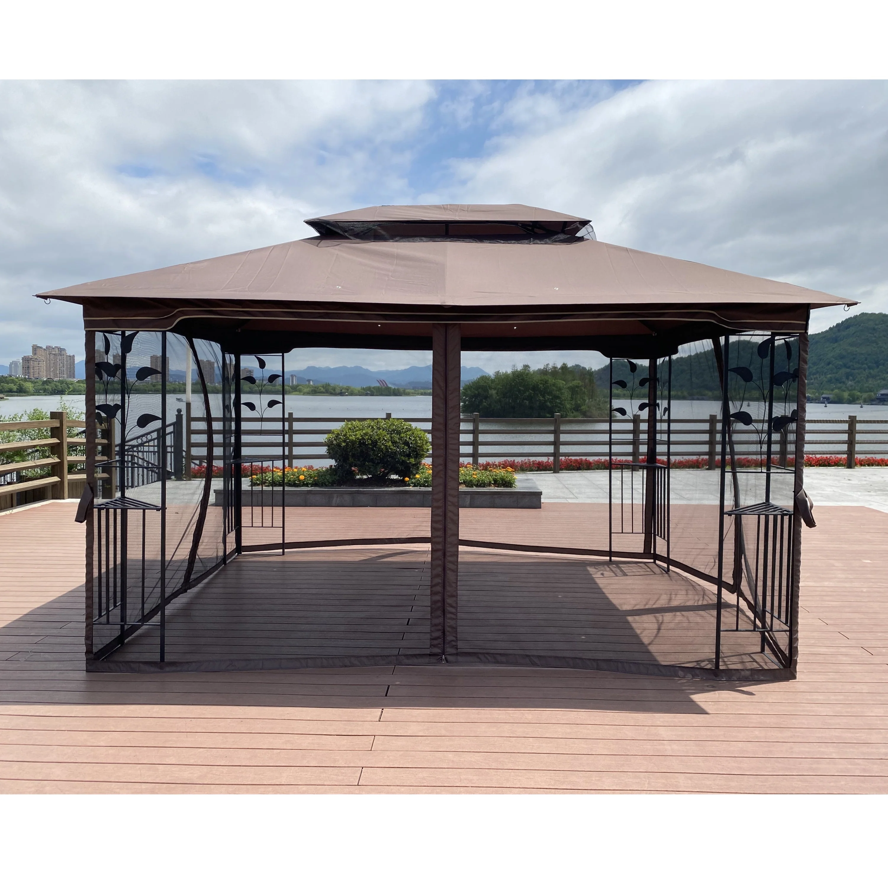 13 x 10 ft Patio Gazebo Tent with Ventilated Double Roof and Mosquito Net - Image 9