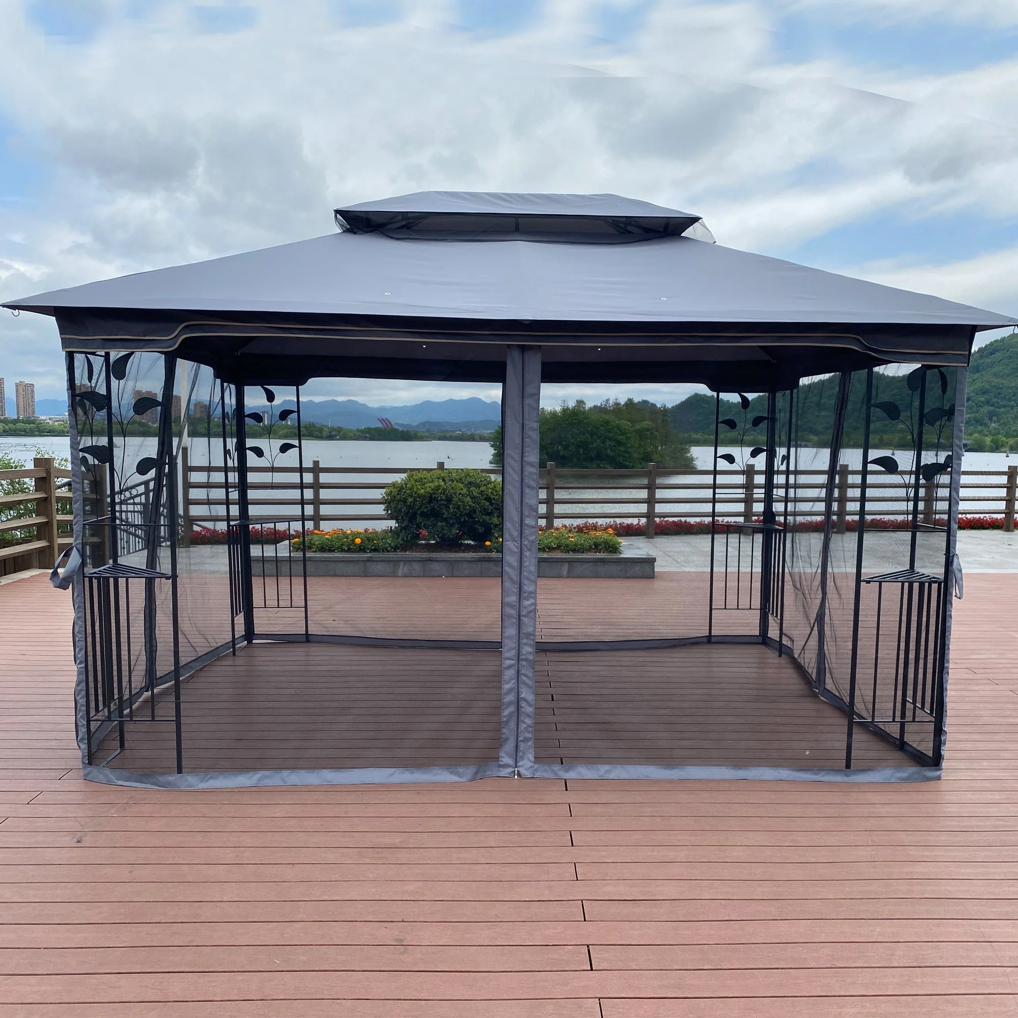 13 x 10 ft Patio Gazebo Tent with Ventilated Double Roof and Mosquito Net - Image 10