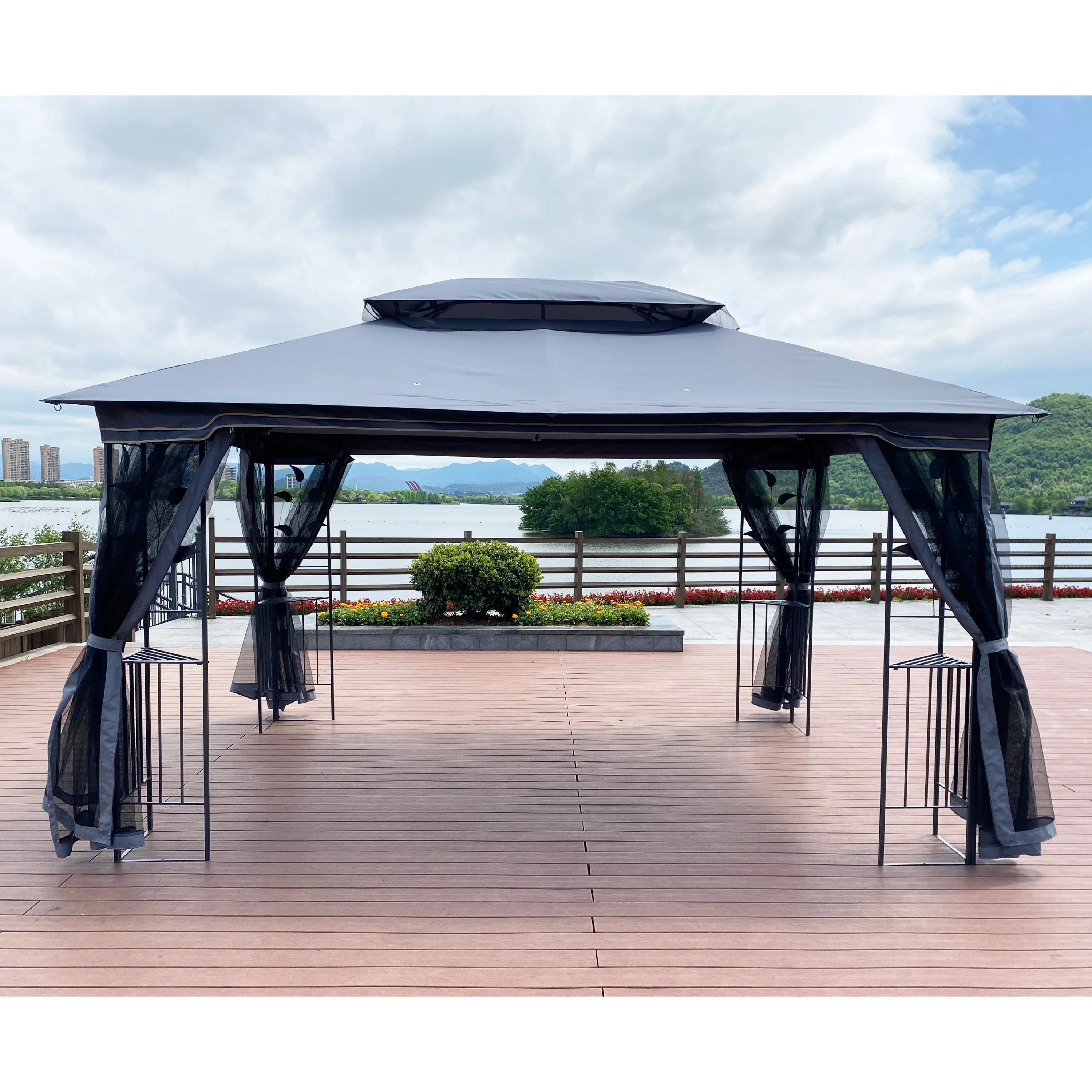 13 x 10 ft Patio Gazebo Tent with Ventilated Double Roof and Mosquito Net - Image 13