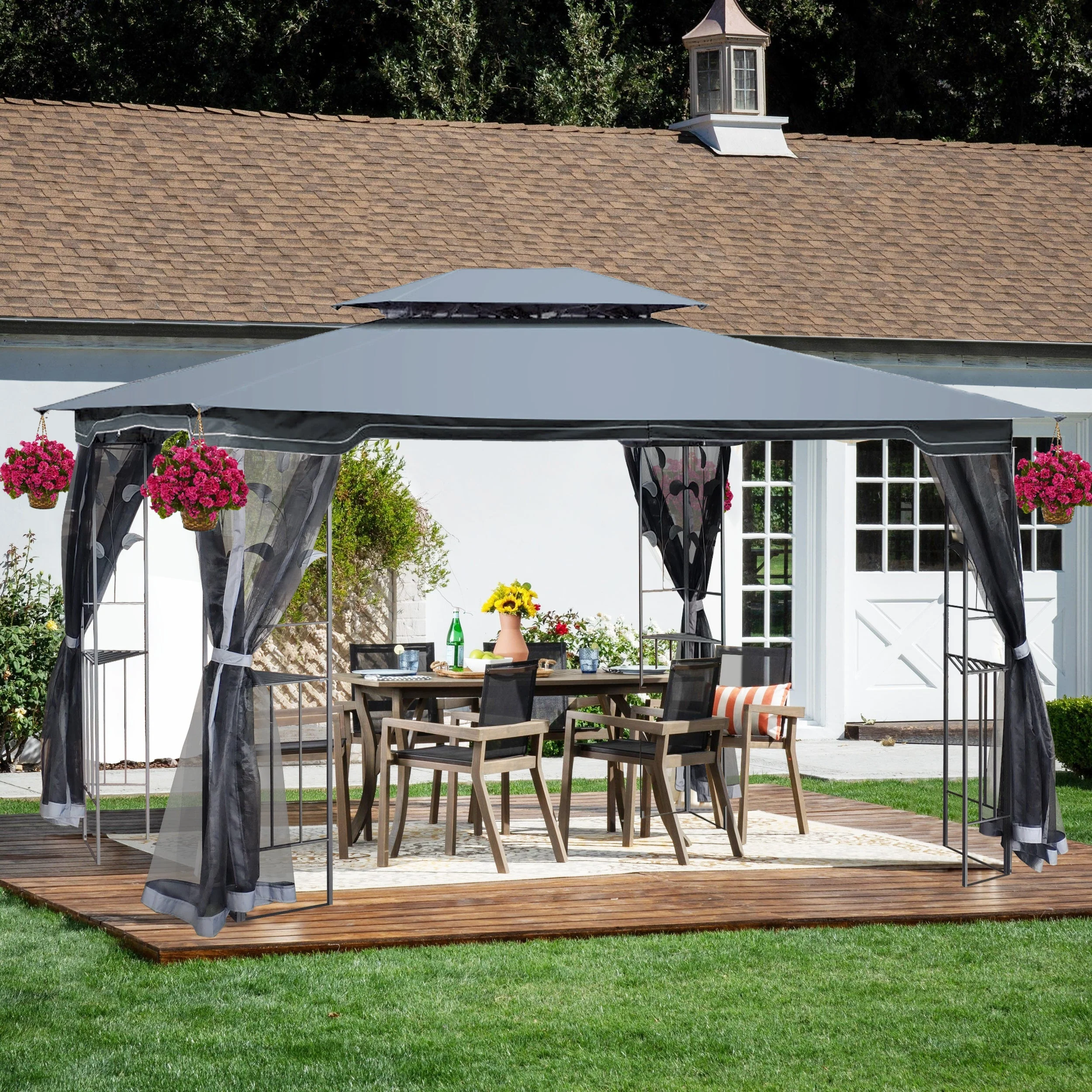 13 x 10 ft Patio Gazebo Tent with Ventilated Double Roof and Mosquito Net - Image 2