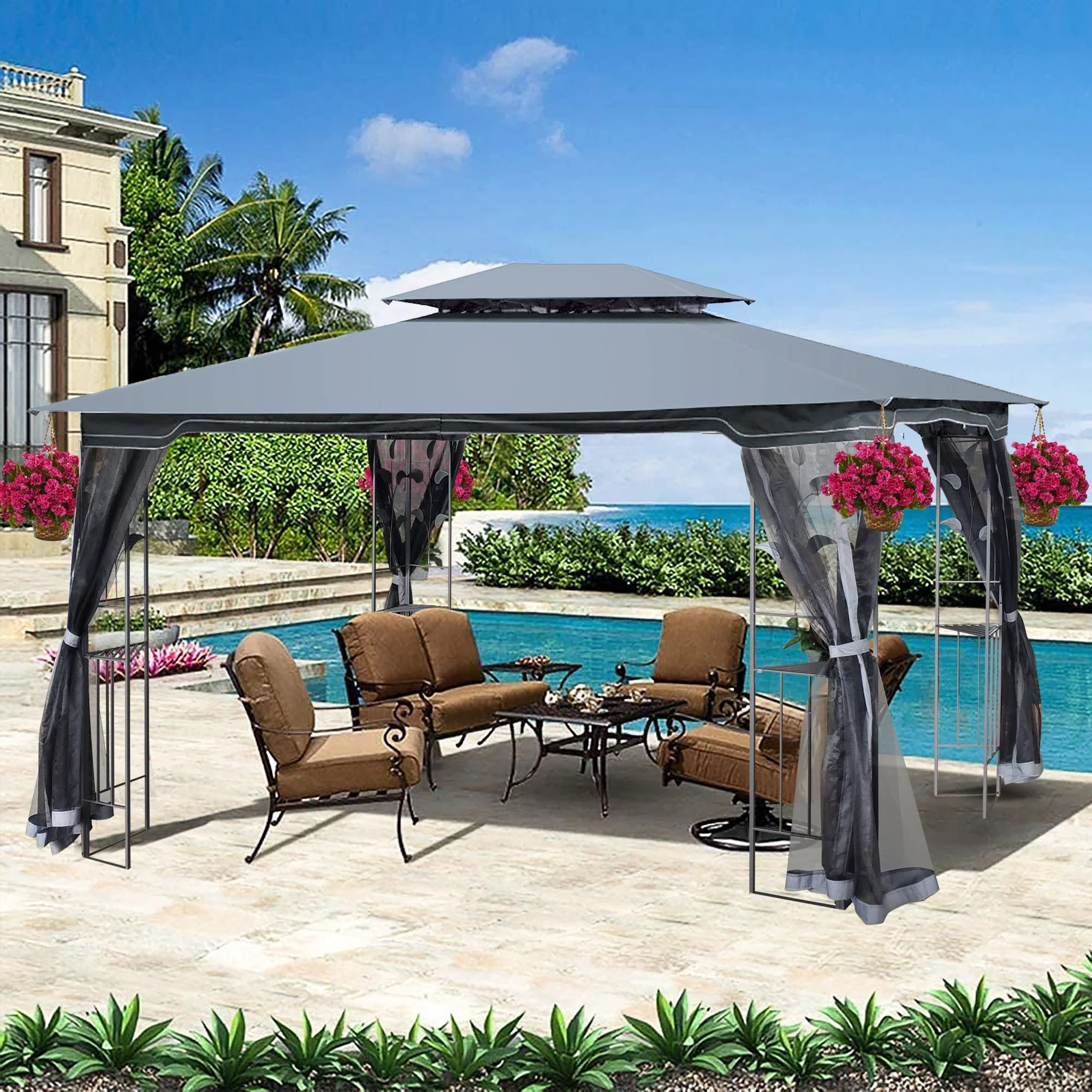 13 x 10 ft Patio Gazebo Tent with Ventilated Double Roof and Mosquito Net - Image 4