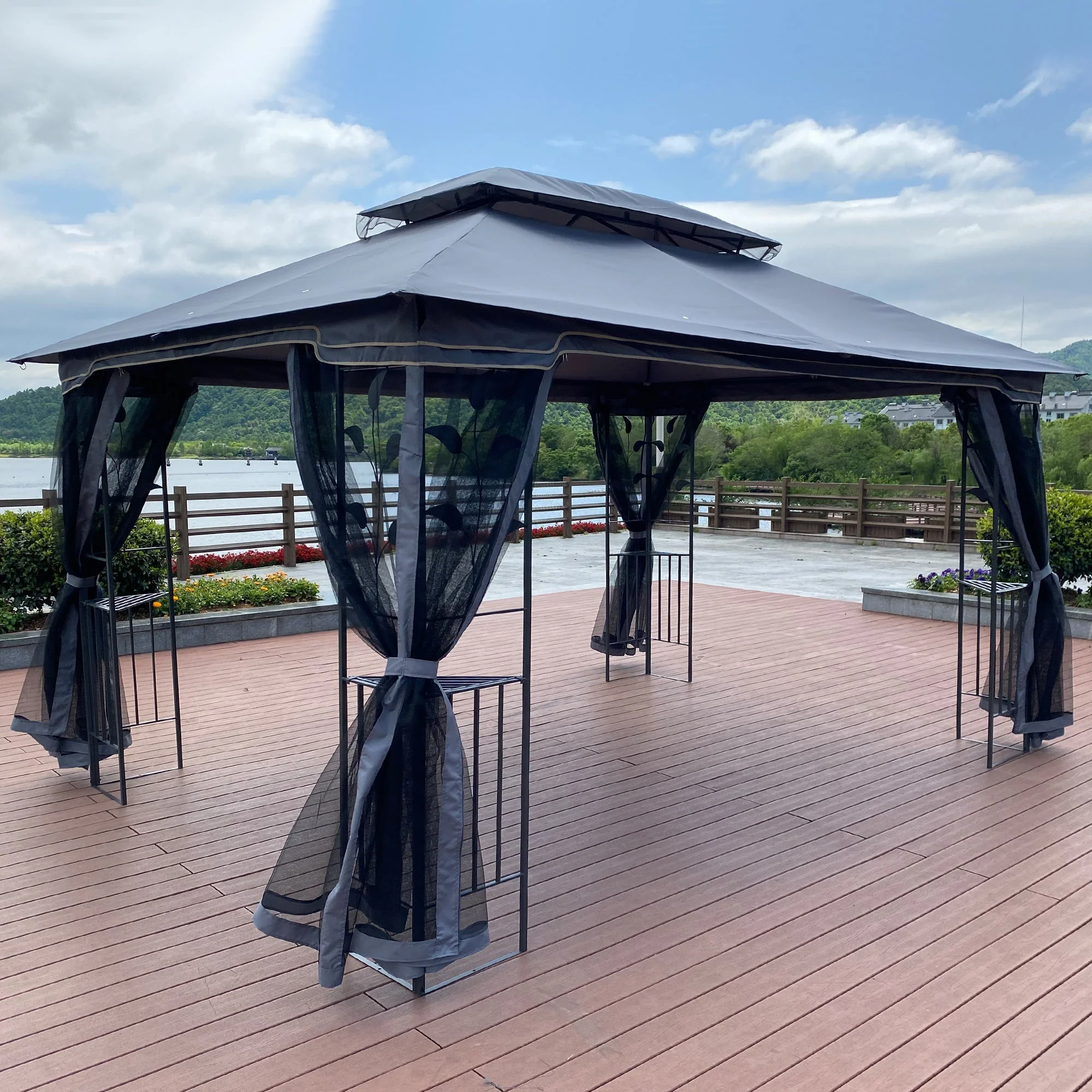 13 x 10 ft Patio Gazebo Tent with Ventilated Double Roof and Mosquito Net - Image 8