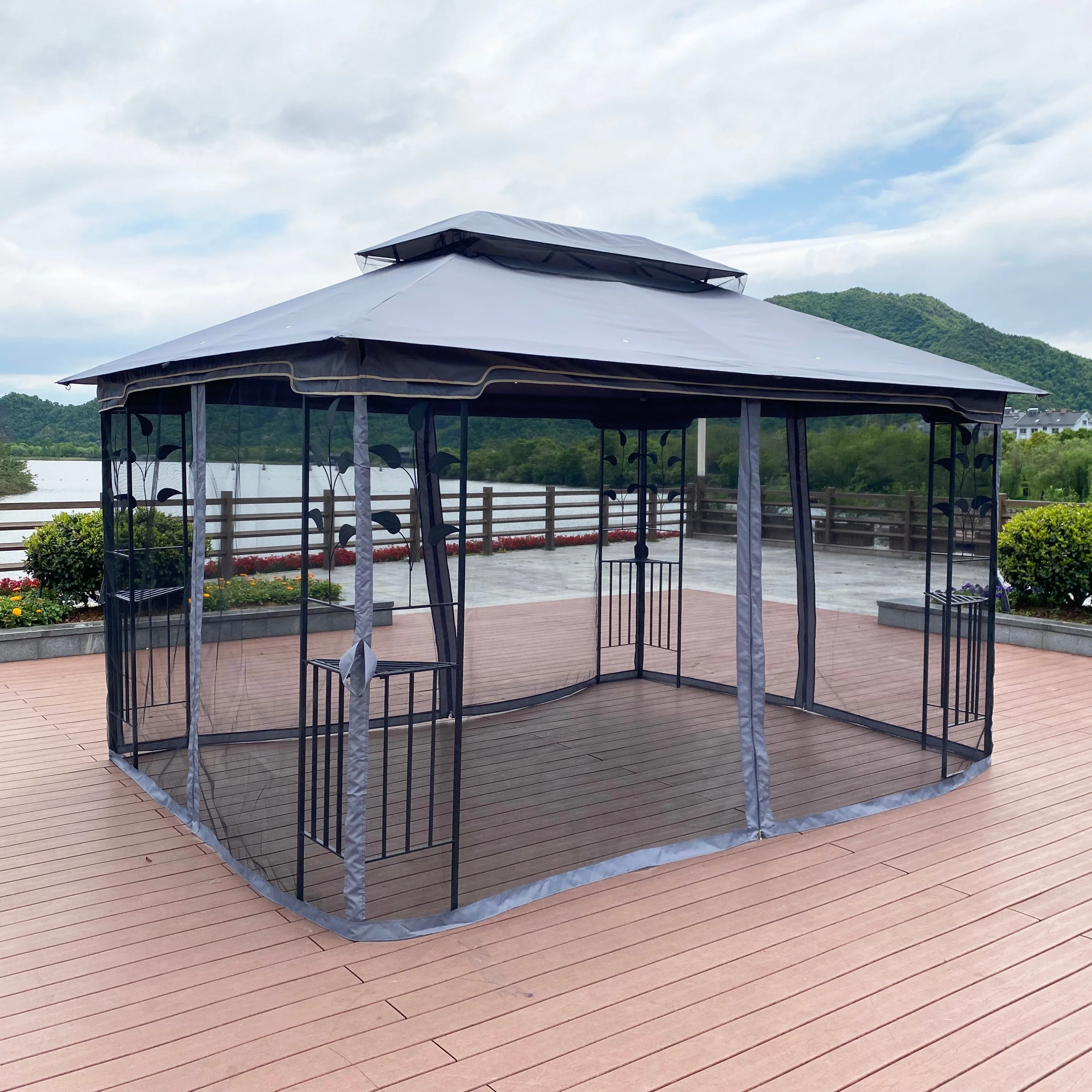 13 x 10 ft Patio Gazebo Tent with Ventilated Double Roof and Mosquito Net - Image 9