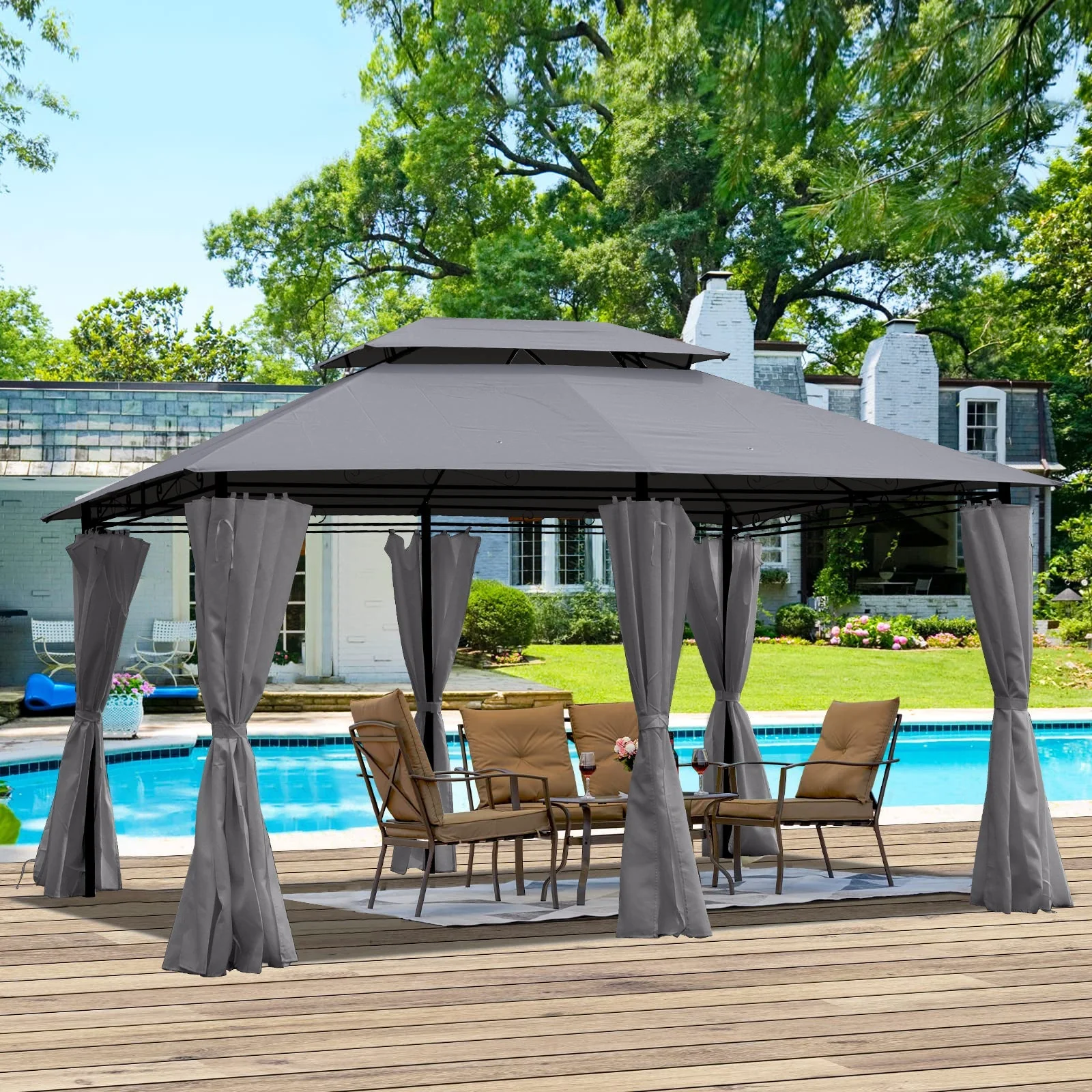 13x10 ft Outdoor Patio Gazebo Canopy Tent with Ventilated Double Roof and Side Wall - Image 2