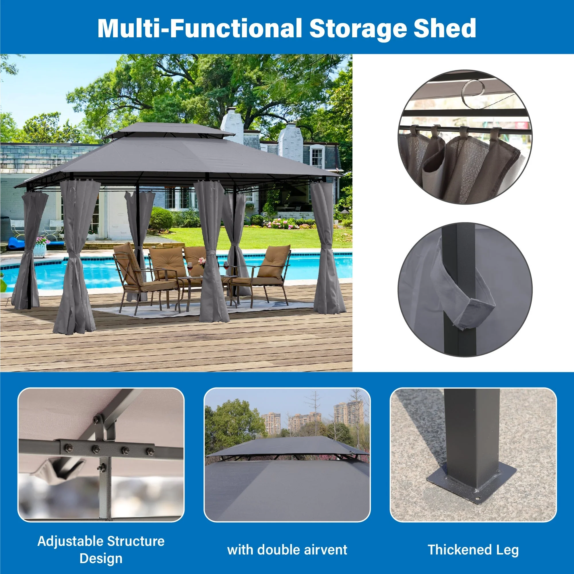 13x10 ft Outdoor Patio Gazebo Canopy Tent with Ventilated Double Roof and Side Wall - Image 20
