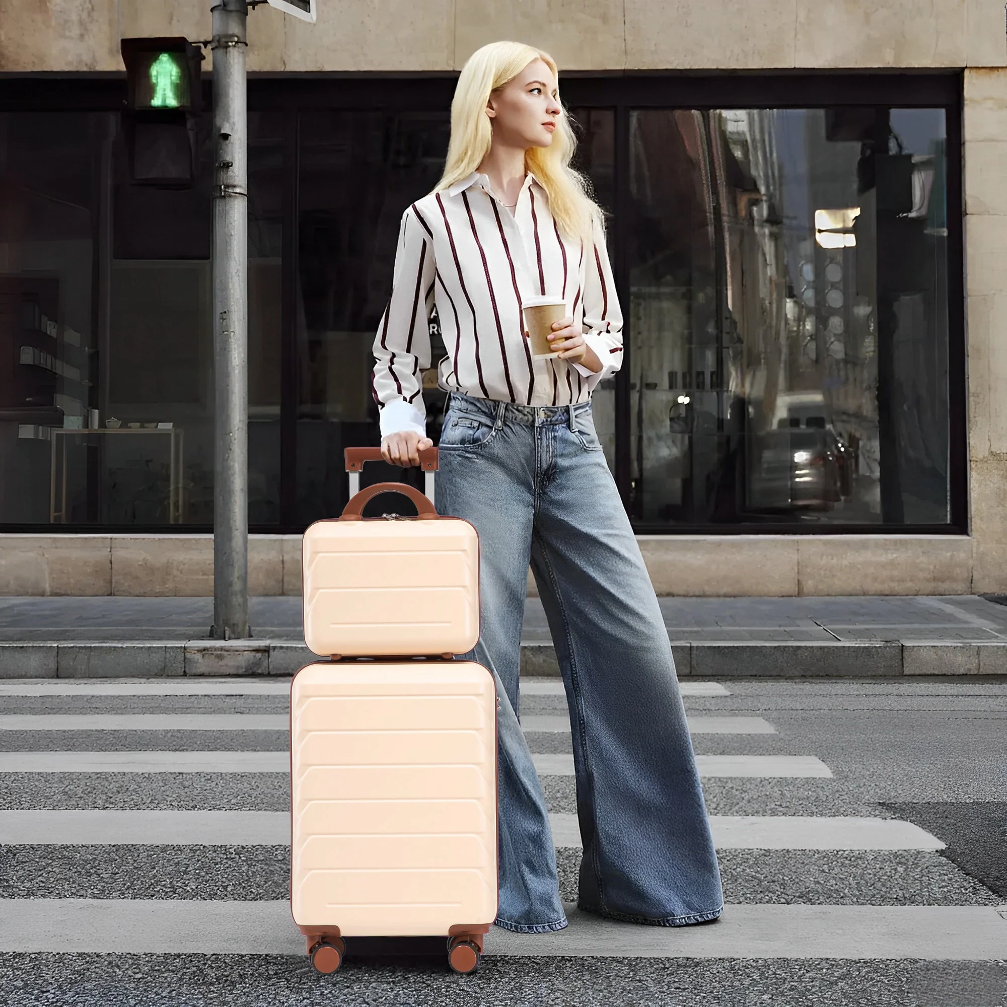 14'/20' 2-Piece ABS Spinner Wheel Luggage Set (Beige) - Image 4