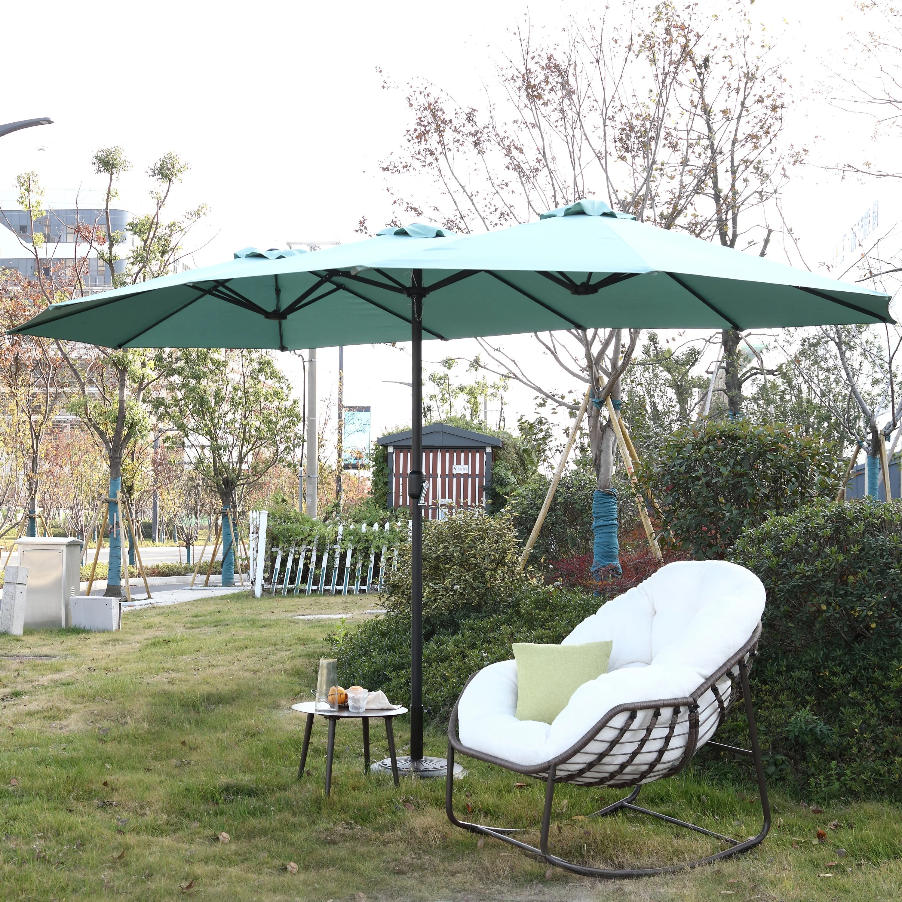 14.8 Ft Double Sided Outdoor Umbrella Rectangular Large with Crank (Light Green) - Image 5